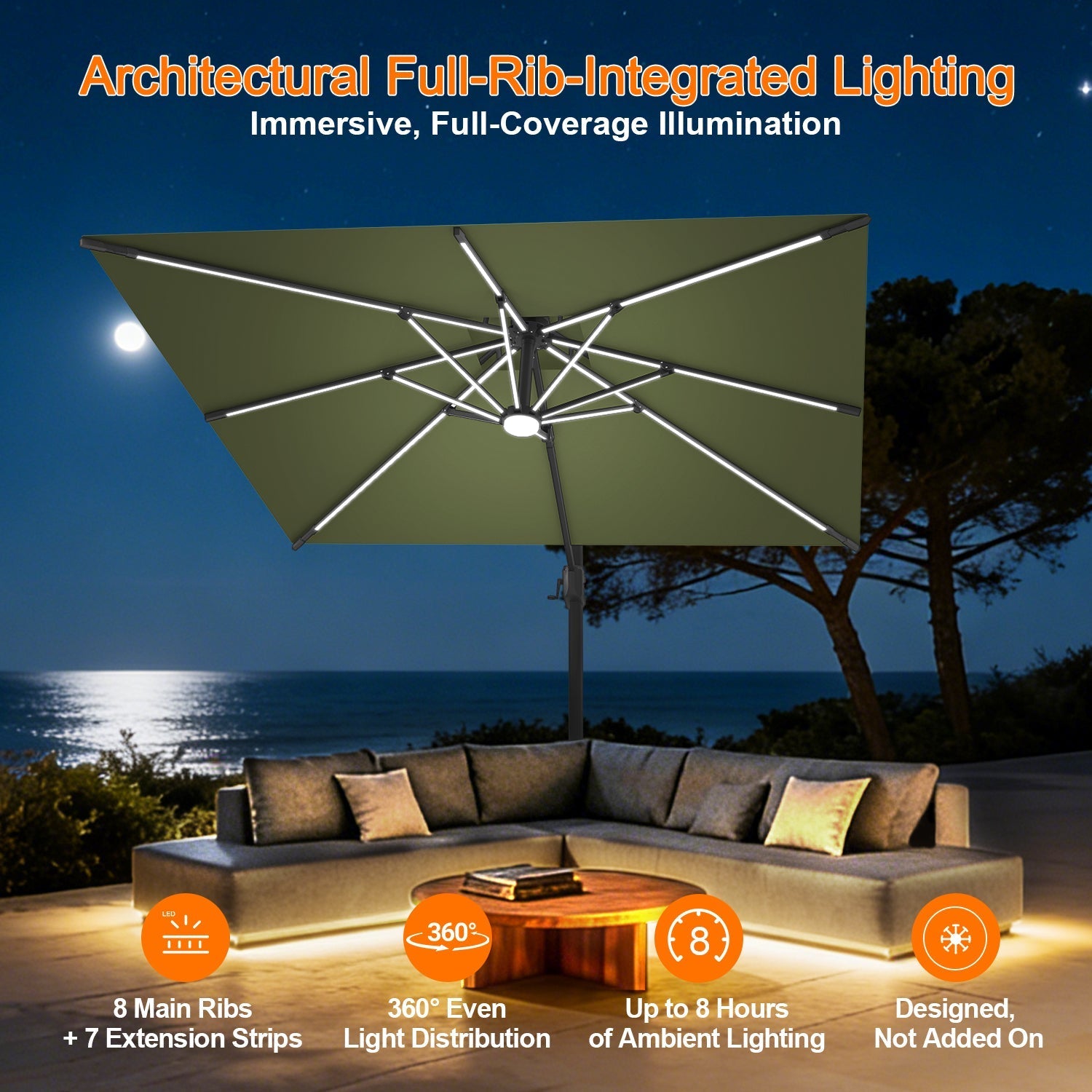 Sunvanta Auron Premium Cantilever Umbrella with Full-Rib LED Strip Lighting, Reinforced Fibreglass Ribs and Powder-Coated Aluminium Pole for Luxury Patio & Garden Shade