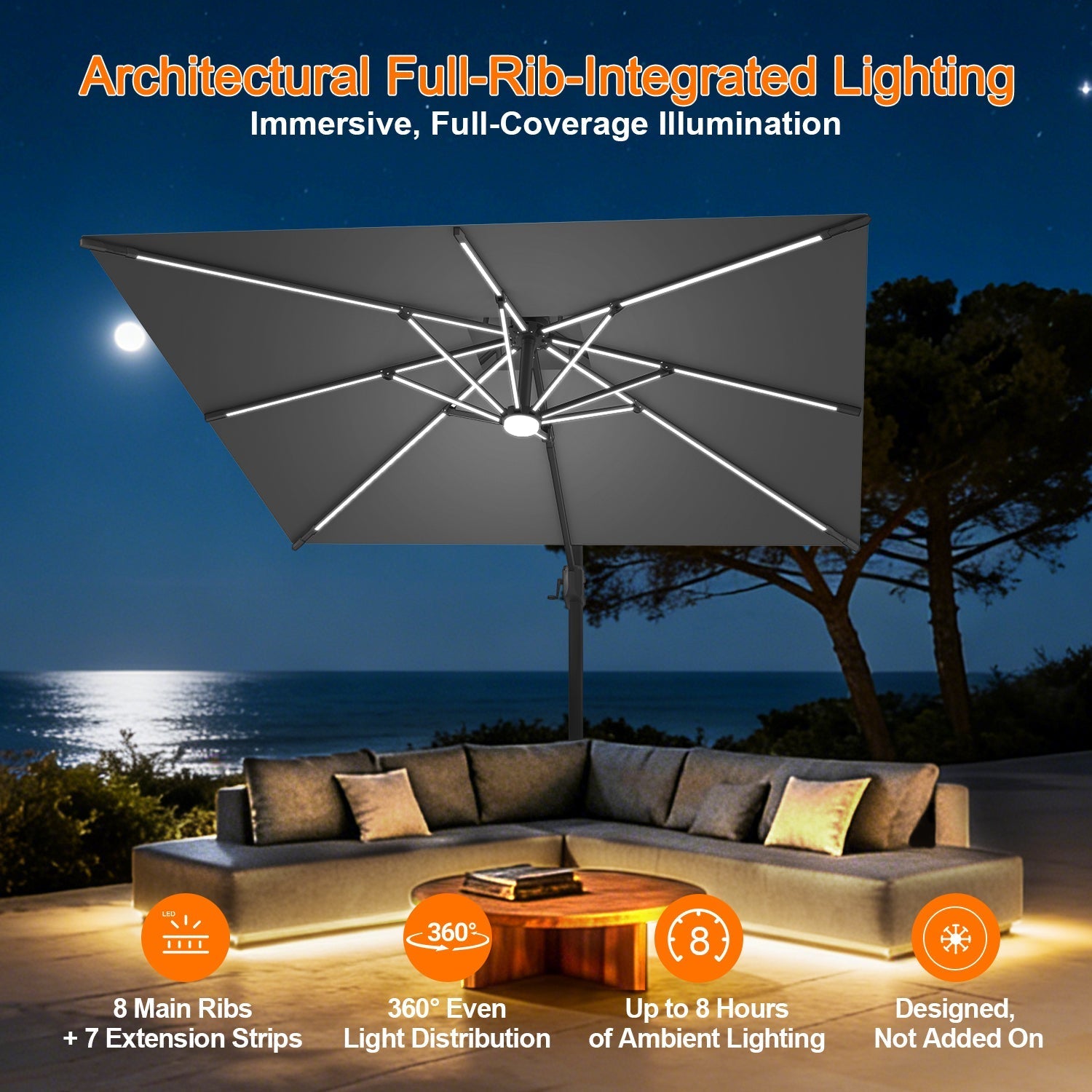 Sunvanta Auron Premium Cantilever Umbrella with Full-Rib LED Strip Lighting, Reinforced Fibreglass Ribs and Powder-Coated Aluminium Pole for Luxury Patio & Garden Shade
