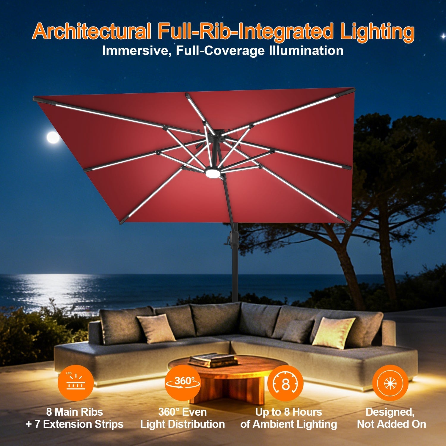 Sunvanta Auron Premium Cantilever Umbrella with Full-Rib LED Strip Lighting, Reinforced Fibreglass Ribs and Powder-Coated Aluminium Pole for Luxury Patio & Garden Shade