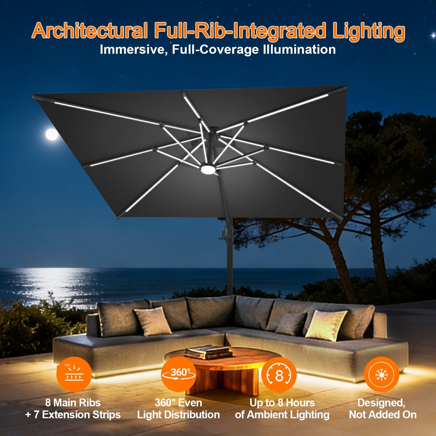 Sunvanta Auron Premium Cantilever Umbrella with Full-Rib LED Strip Lighting, Reinforced Fibreglass Ribs and Powder-Coated Aluminium Pole for Luxury Patio & Garden Shade