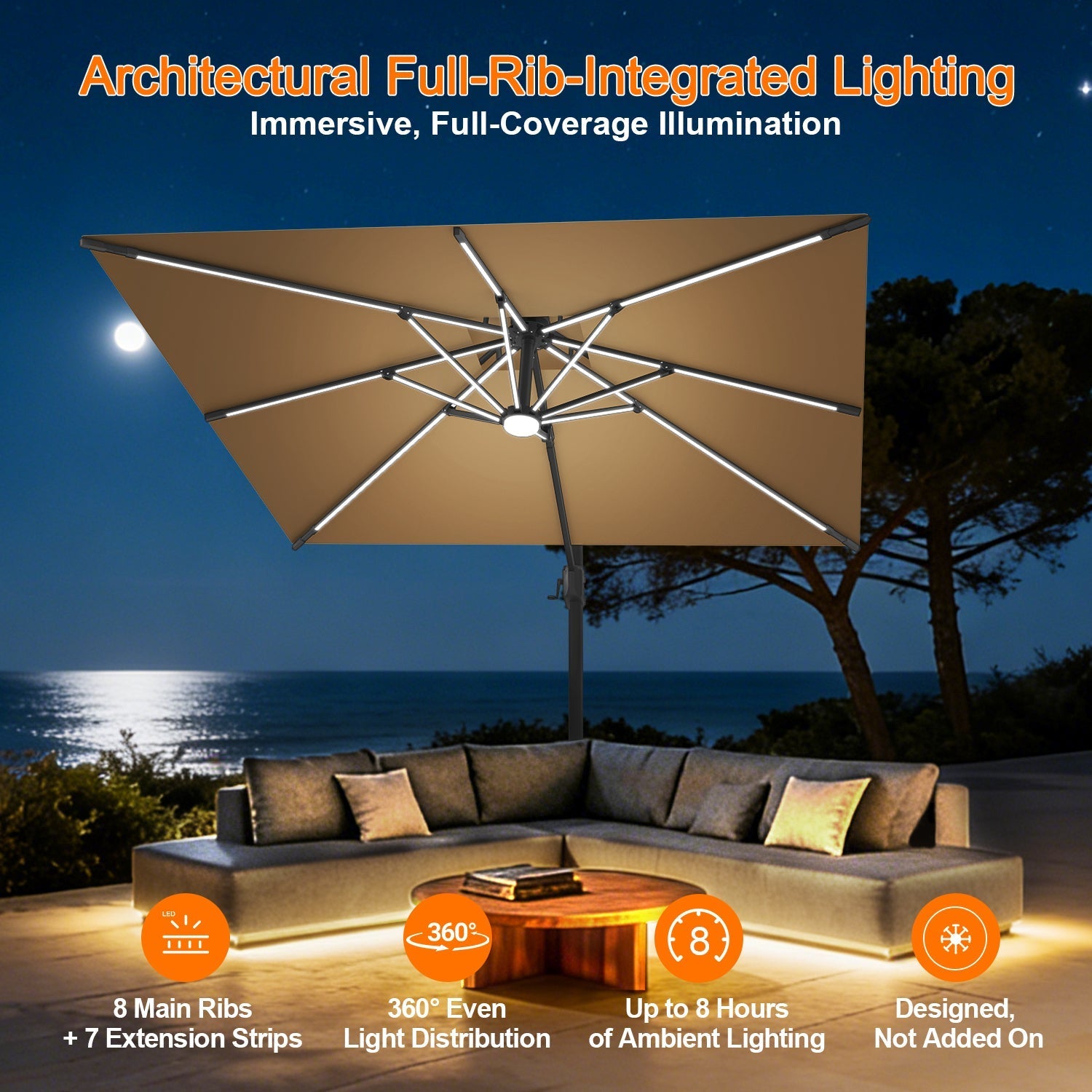 Sunvanta Auron Premium Cantilever Umbrella with Full-Rib LED Strip Lighting, Reinforced Fibreglass Ribs and Powder-Coated Aluminium Pole for Luxury Patio & Garden Shade