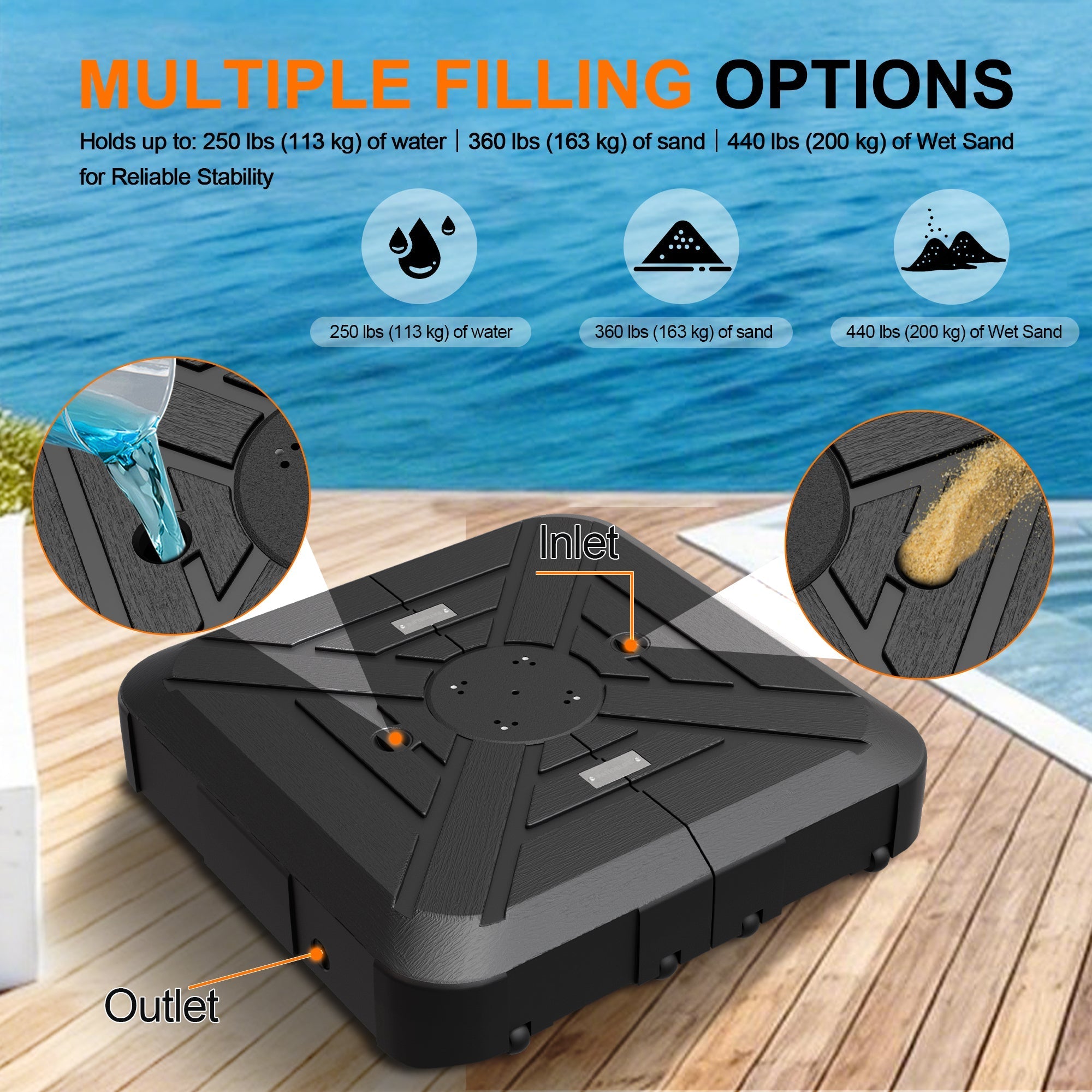 Sunvanta™ Auron Series Cantilever Umbrella Base with Wheels – 110–200 kg HDPE Refillable Outdoor Weight Stand