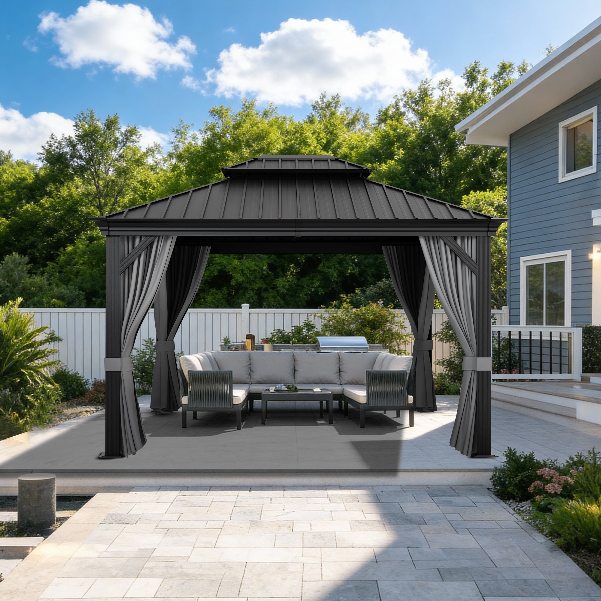 Sunvanta Haven Luxury Hardtop Gazebo with 120mm × 120mm Reinforced Aluminium Posts, Integrated Gutter System, Curtains & Netting for Patio & Alfresco Use