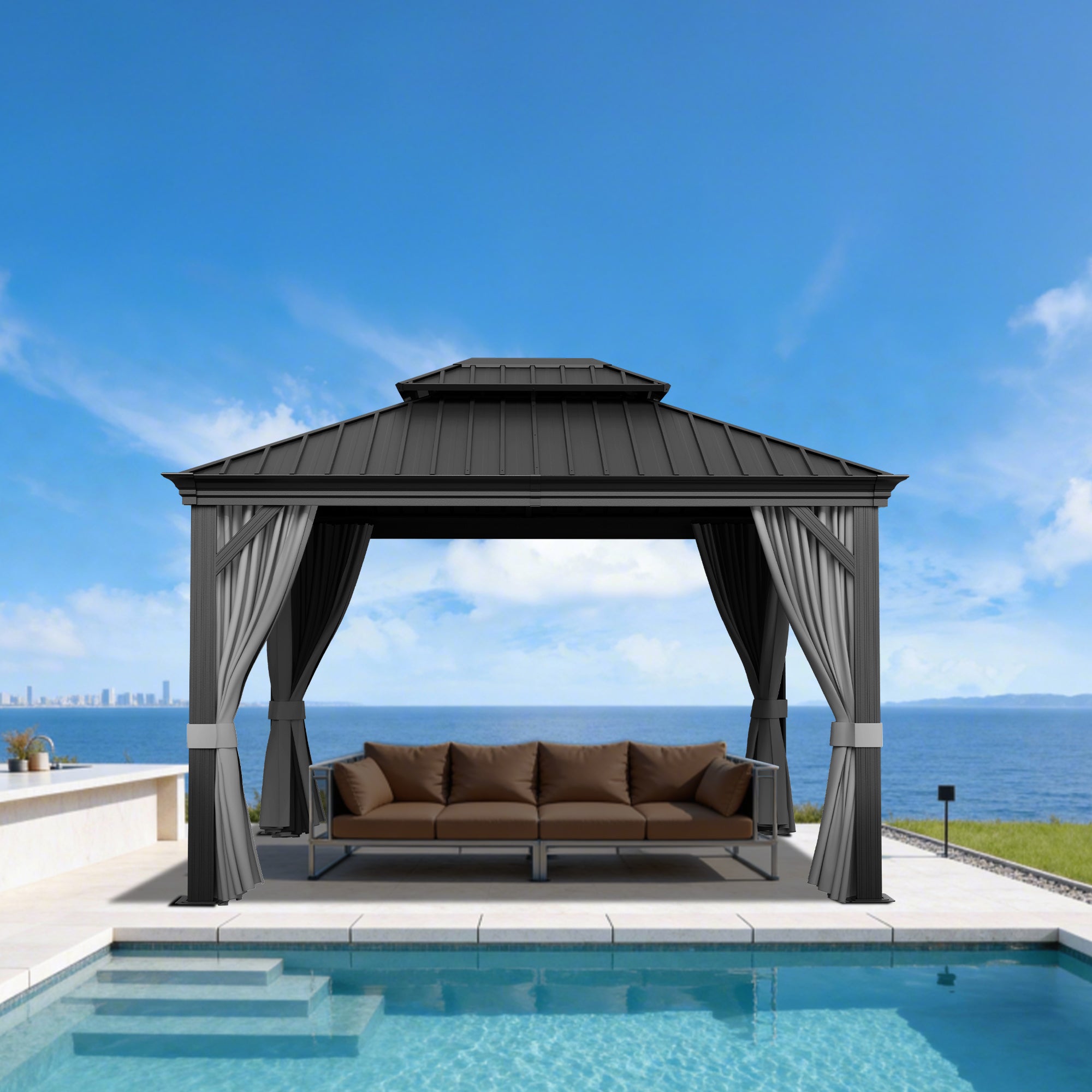 Sunvanta Haven Luxury Hardtop Gazebo with 120mm × 120mm Reinforced Aluminium Posts, Integrated Gutter System, Curtains & Netting for Patio & Alfresco Use