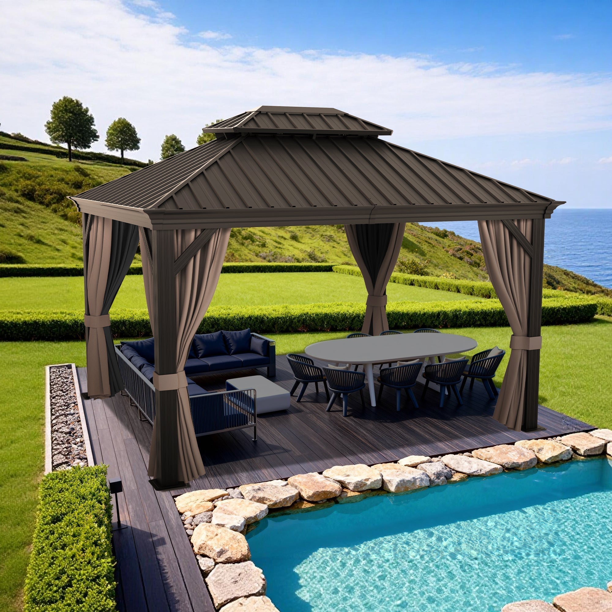 Sunvanta Haven Luxury Hardtop Gazebo with 120mm × 120mm Reinforced Aluminium Posts, Integrated Gutter System, Curtains & Netting for Patio & Alfresco Use