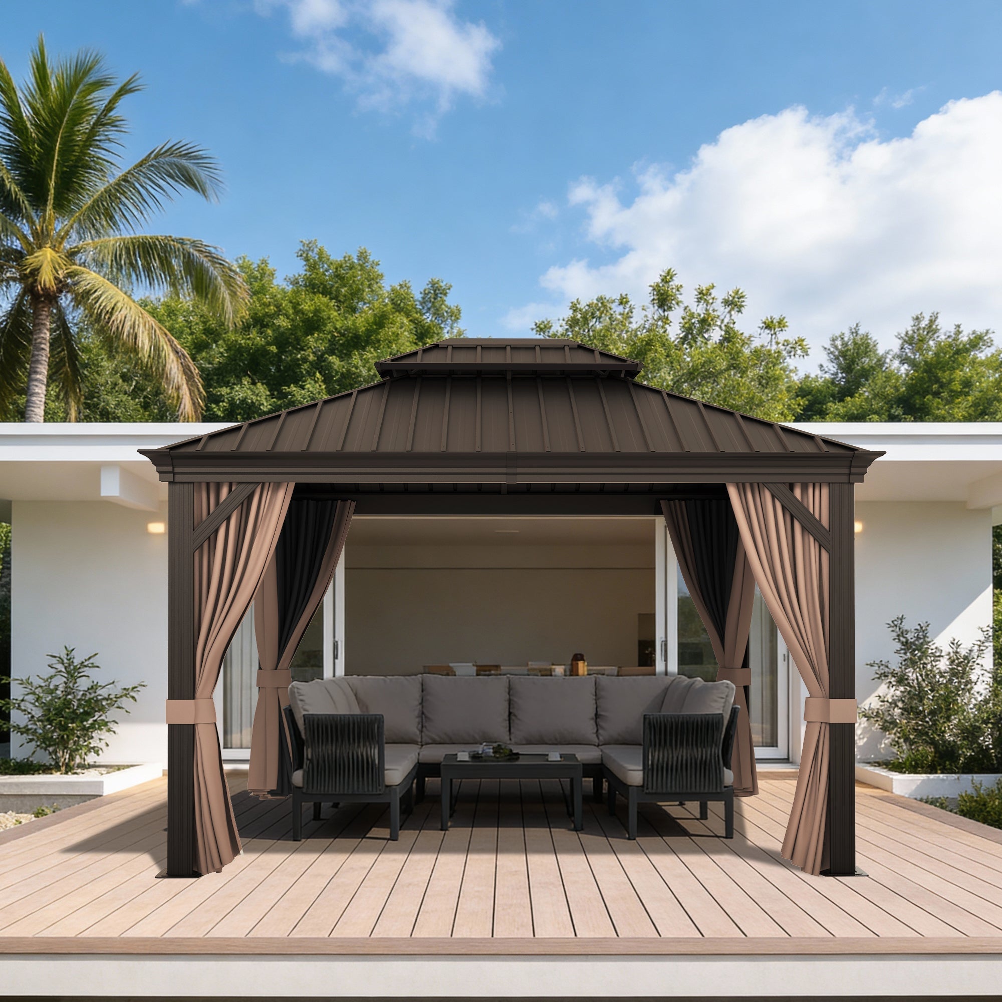 Sunvanta Haven Luxury Hardtop Gazebo with 120mm × 120mm Reinforced Aluminium Posts, Integrated Gutter System, Curtains & Netting for Patio & Alfresco Use
