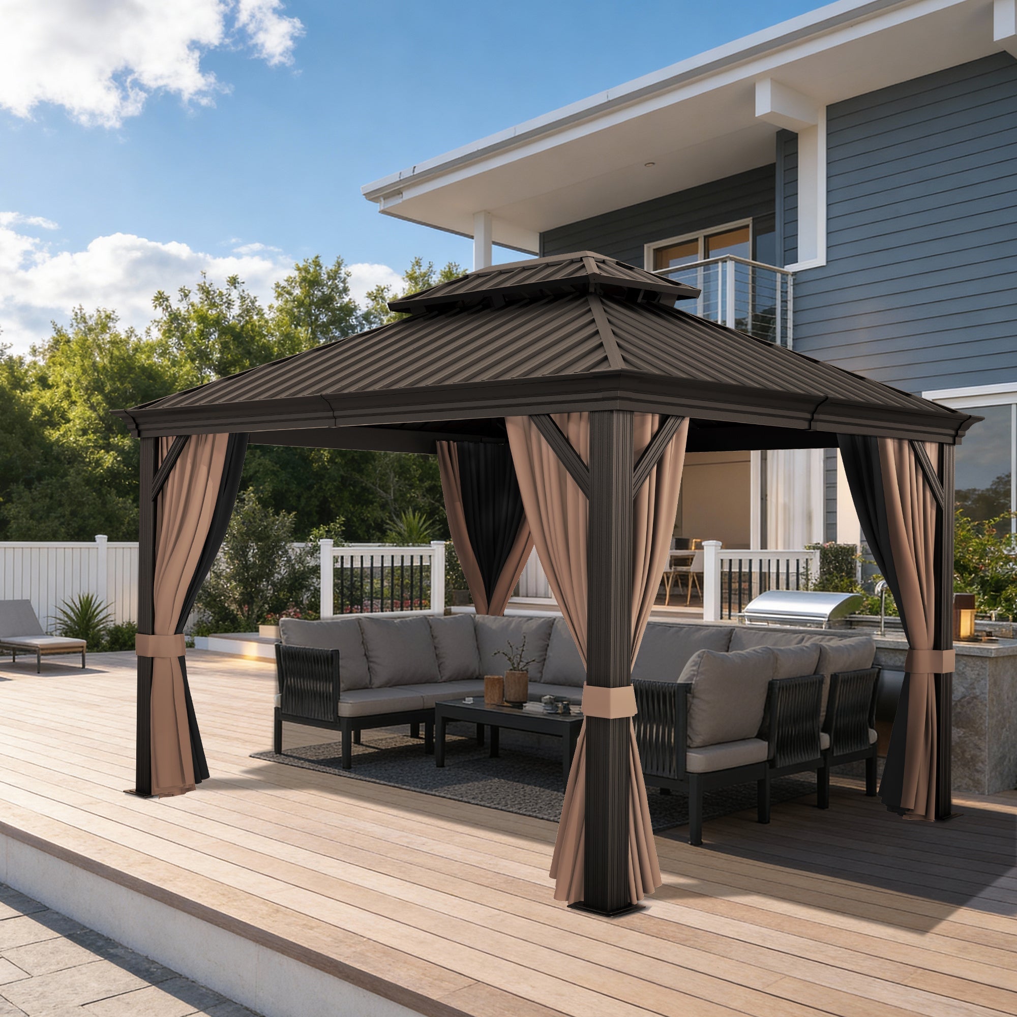 Sunvanta Haven Luxury Hardtop Gazebo with 120mm × 120mm Reinforced Aluminium Posts, Integrated Gutter System, Curtains & Netting for Patio & Alfresco Use