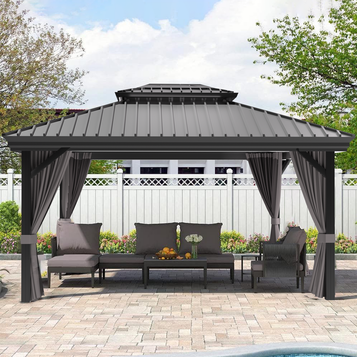 Sunvanta Haven Luxury Hardtop Gazebo with 120mm × 120mm Reinforced Aluminium Posts, Integrated Gutter System, Curtains & Netting for Patio & Alfresco Use