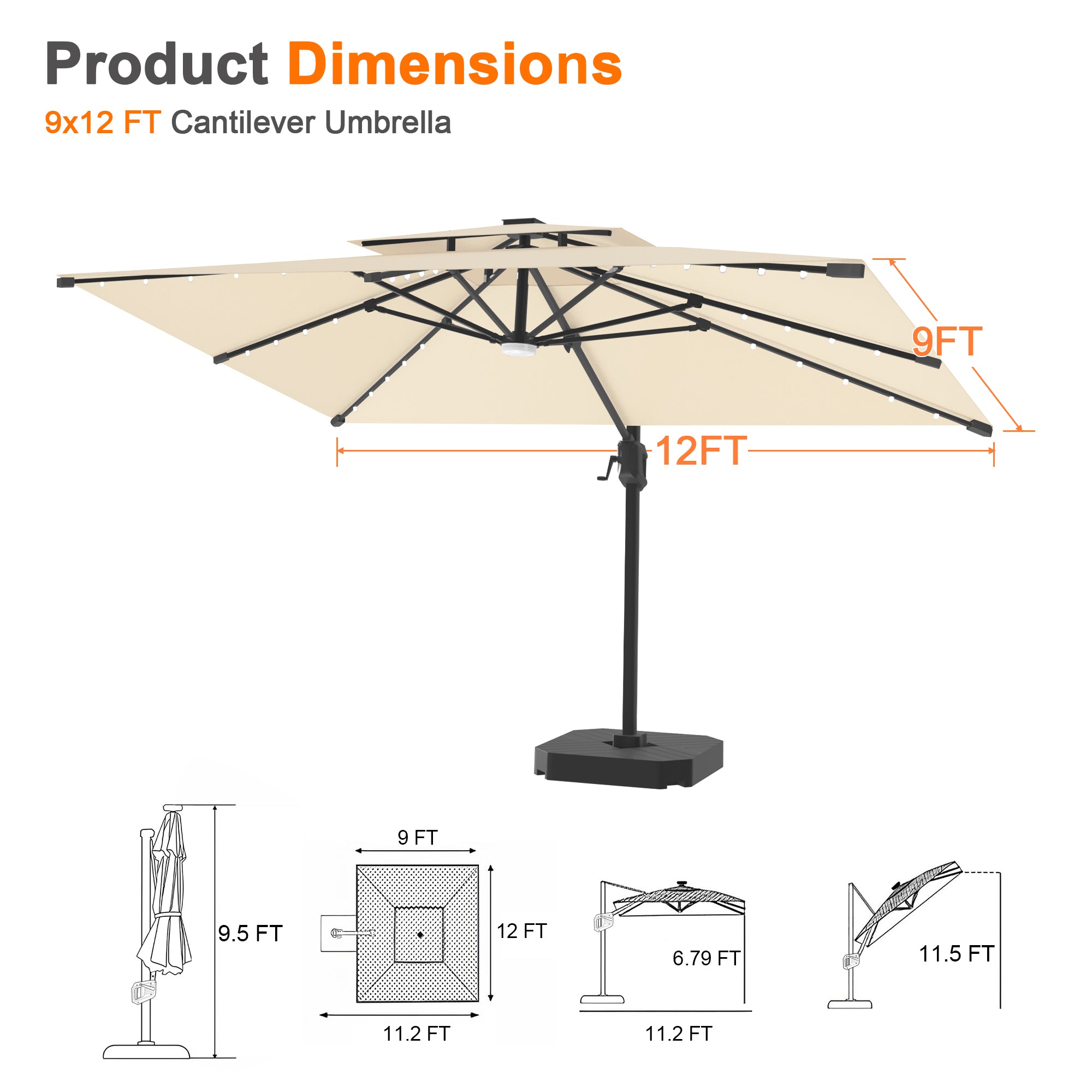 Sunvanta Auron Pro Cantilever Umbrella with Built-In LED Lighting and Reinforced Aluminum Frame for Patio & Garden Use