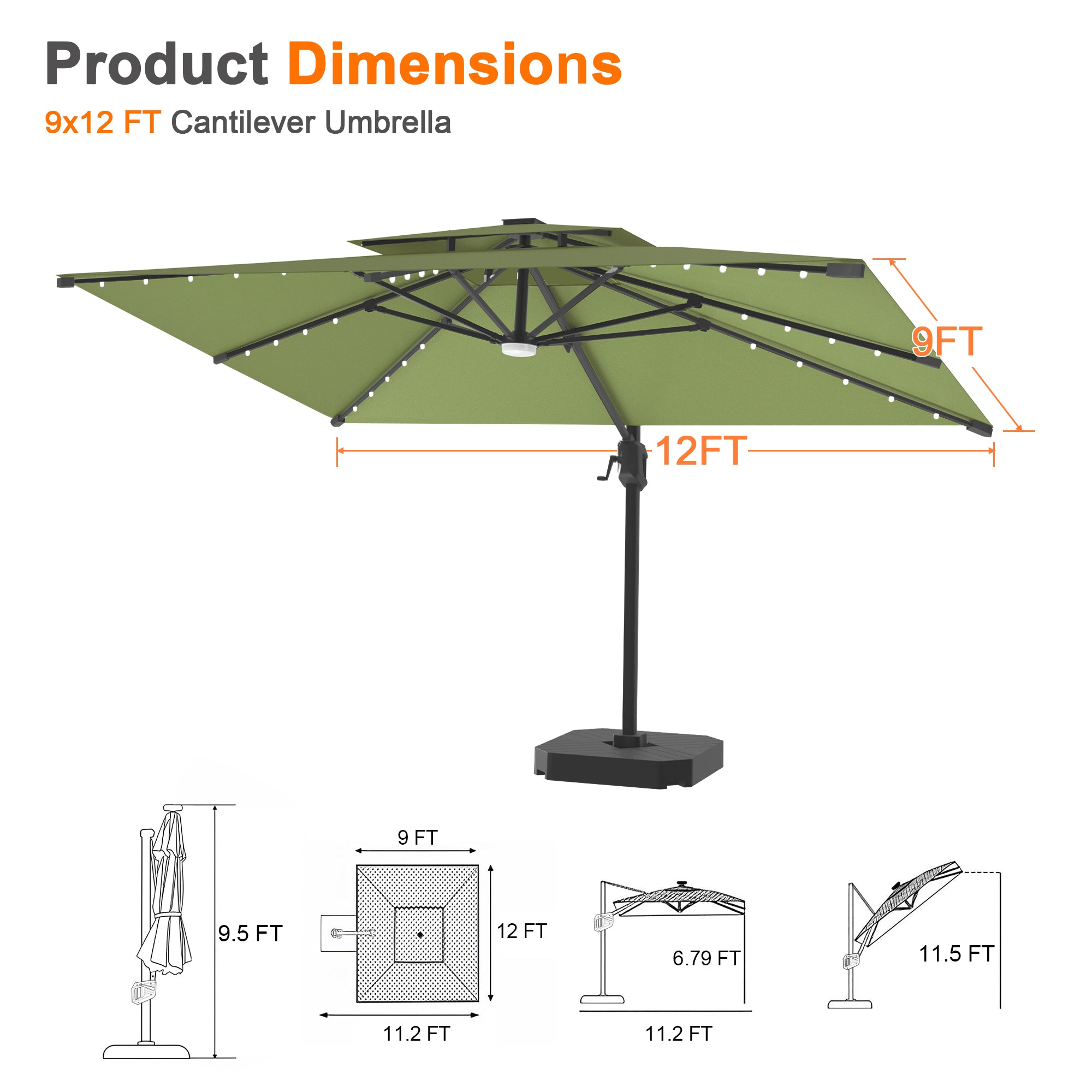 Sunvanta Auron Pro Cantilever Umbrella with Built-In LED Lighting and Reinforced Aluminum Frame for Patio & Garden Use