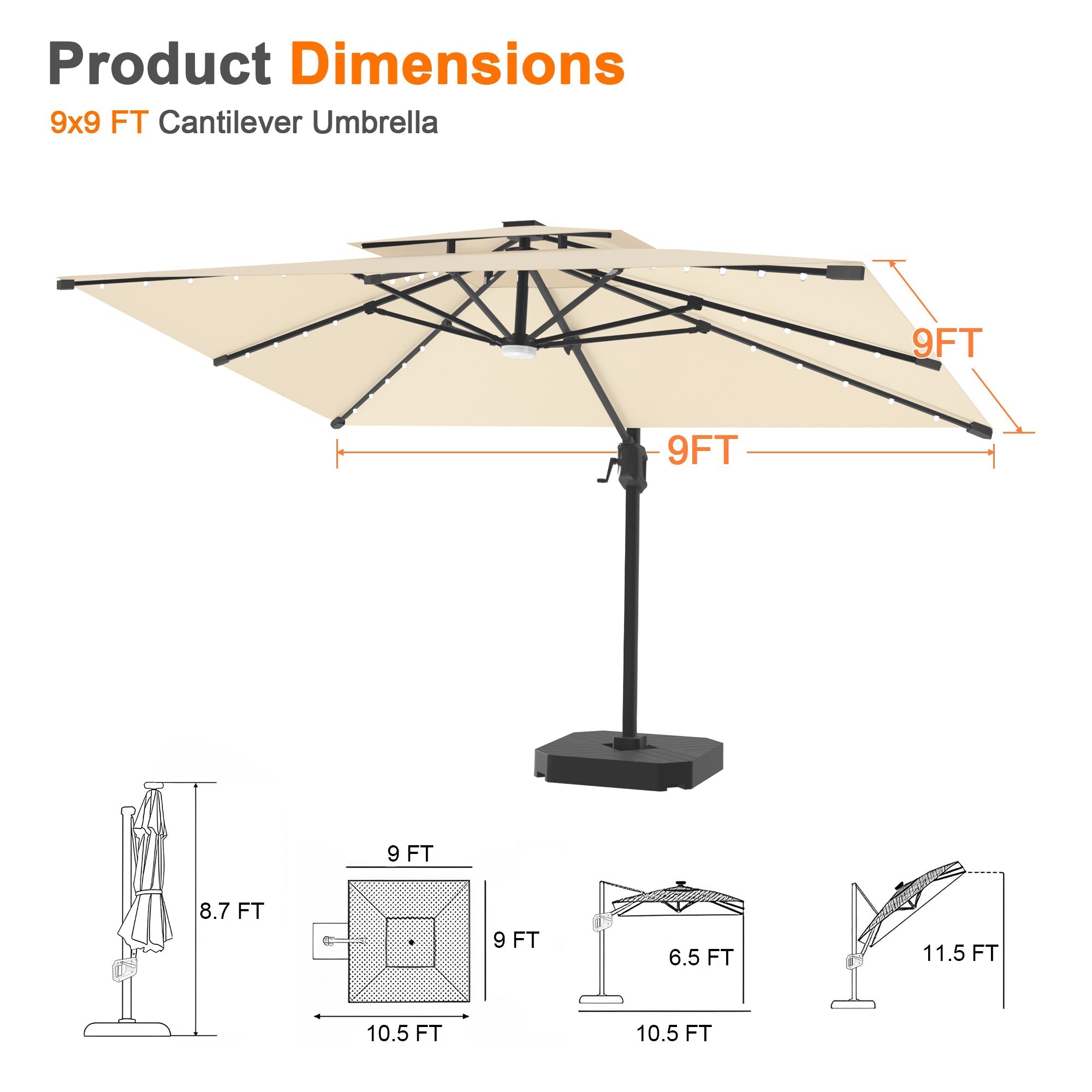 Sunvanta Auron Pro Cantilever Umbrella with Built-In LED Lighting and Reinforced Aluminum Frame for Patio & Garden Use