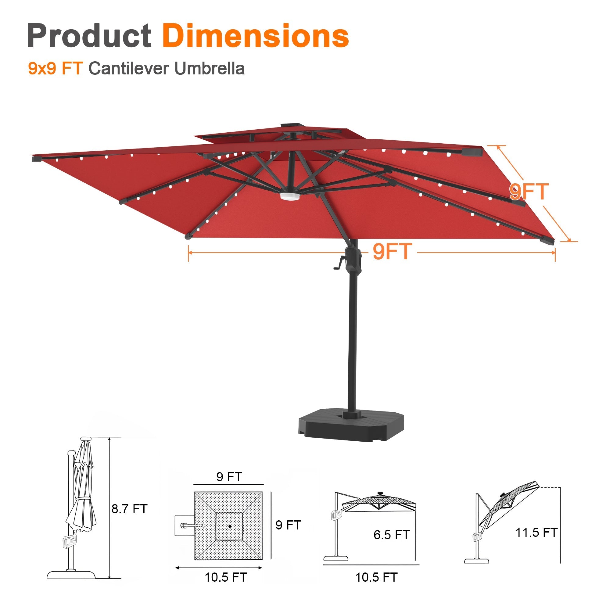 Sunvanta Auron Pro Cantilever Umbrella with Built-In LED Lighting and Reinforced Aluminum Frame for Patio & Garden Use