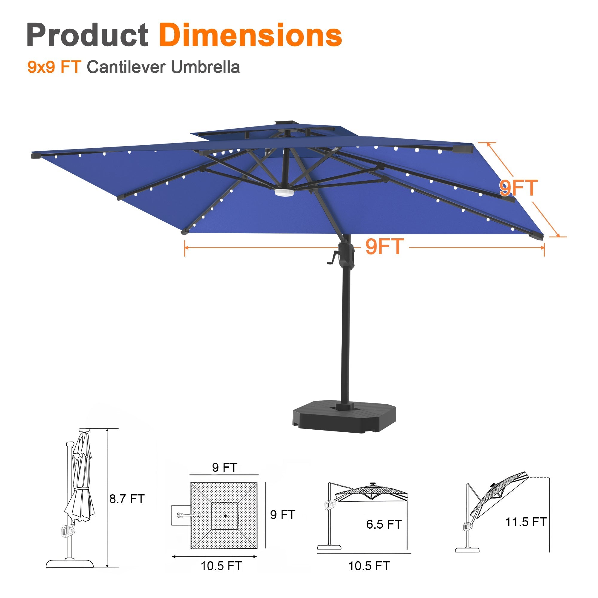 Sunvanta Auron Pro Cantilever Umbrella with Built-In LED Lighting and Reinforced Aluminum Frame for Patio & Garden Use