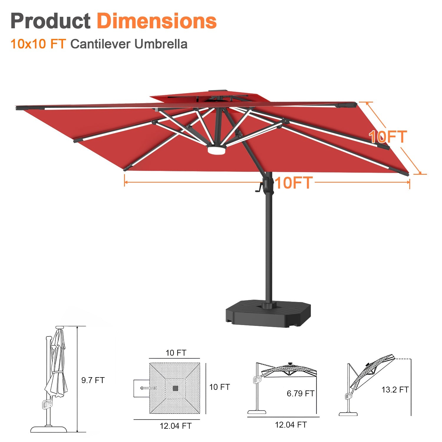Sunvanta Auron Premium Cantilever Umbrella with Full-Rib LED Strip Lighting, Reinforced Fibreglass Ribs and Powder-Coated Aluminium Pole for Luxury Patio & Garden Shade