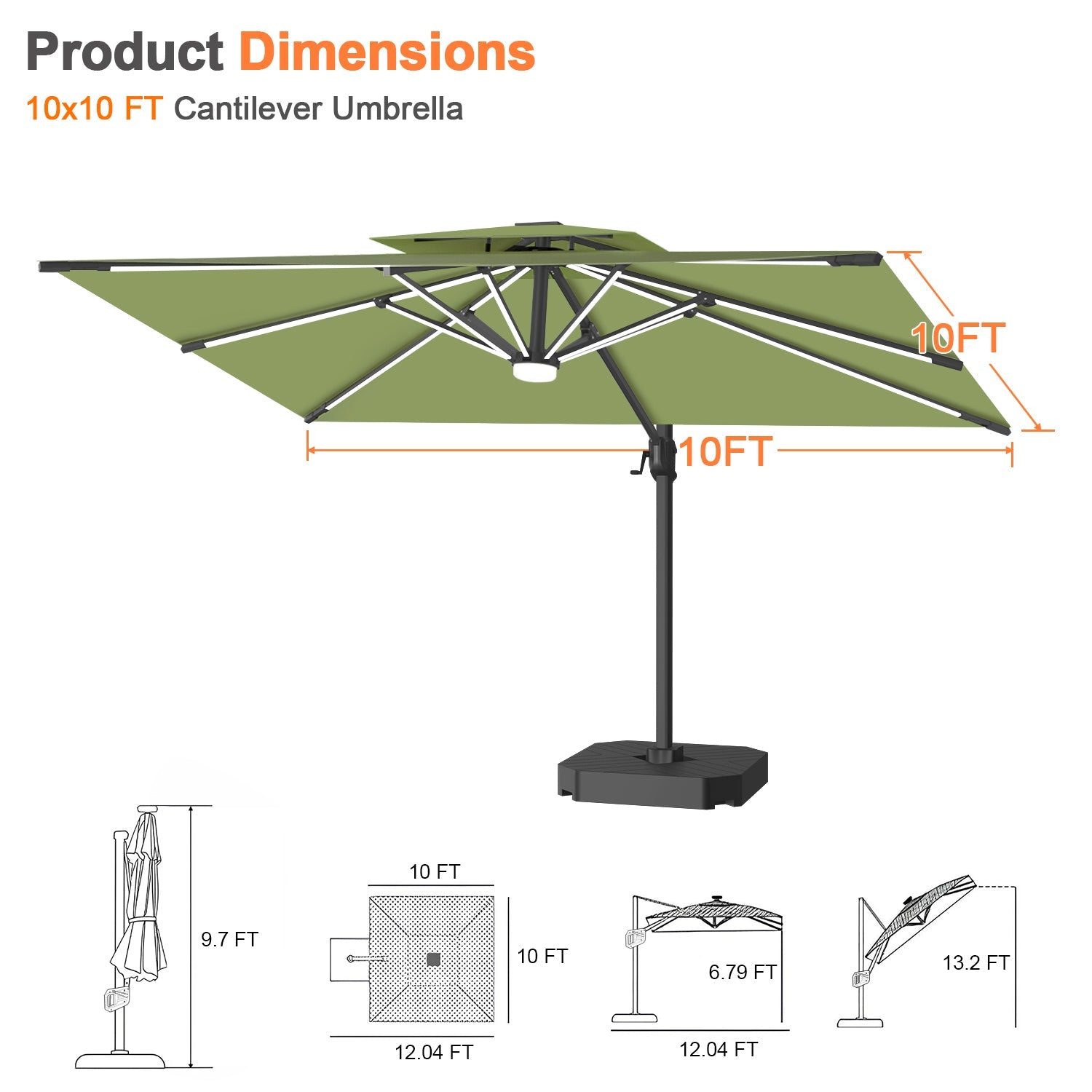 Sunvanta Auron Premium Cantilever Umbrella with Full-Rib LED Strip Lighting, Reinforced Fibreglass Ribs and Powder-Coated Aluminium Pole for Luxury Patio & Garden Shade