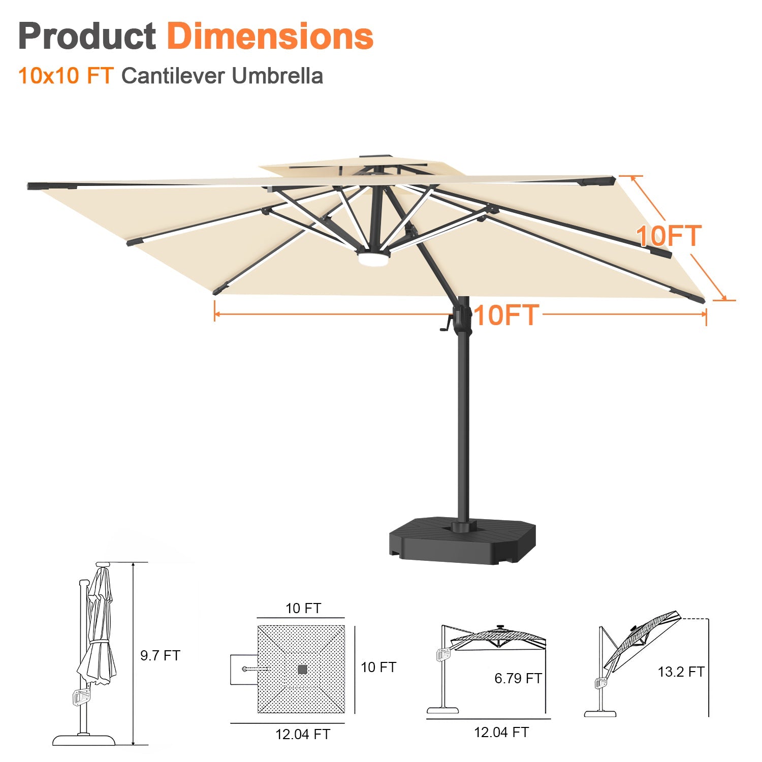 Sunvanta Auron Premium Cantilever Umbrella with Full-Rib LED Strip Lighting, Reinforced Fibreglass Ribs and Powder-Coated Aluminium Pole for Luxury Patio & Garden Shade