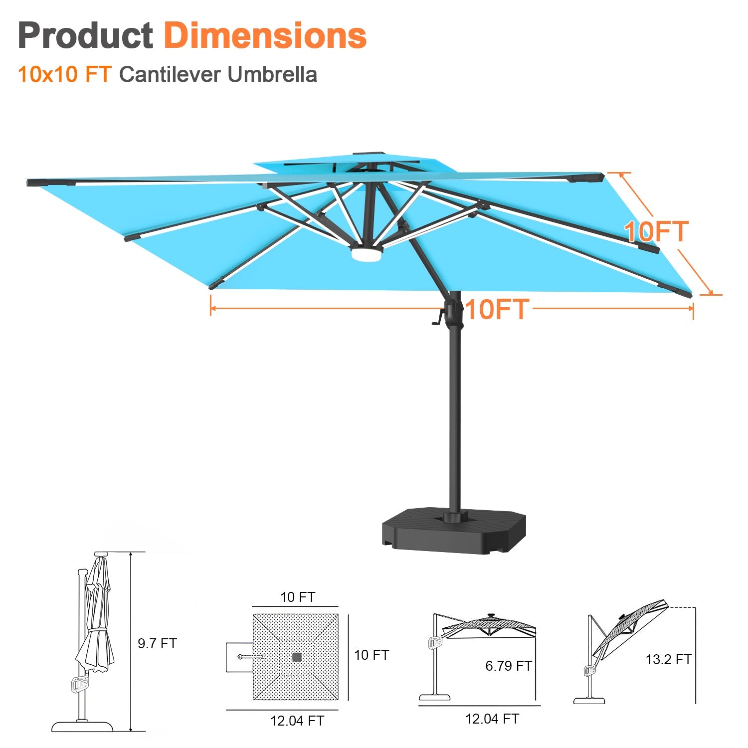 Sunvanta Auron Premium Cantilever Umbrella with Full-Rib LED Strip Lighting, Reinforced Fibreglass Ribs and Powder-Coated Aluminium Pole for Luxury Patio & Garden Shade