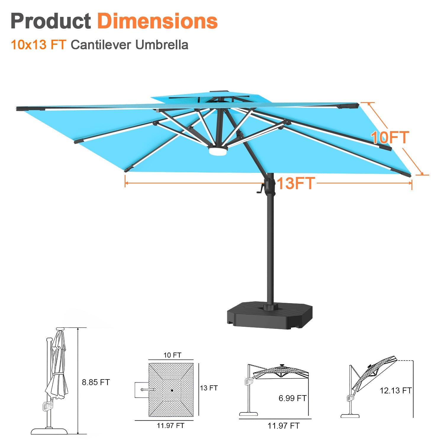 Sunvanta Auron Premium Cantilever Umbrella with Full-Rib LED Strip Lighting, Reinforced Fibreglass Ribs and Powder-Coated Aluminium Pole for Luxury Patio & Garden Shade