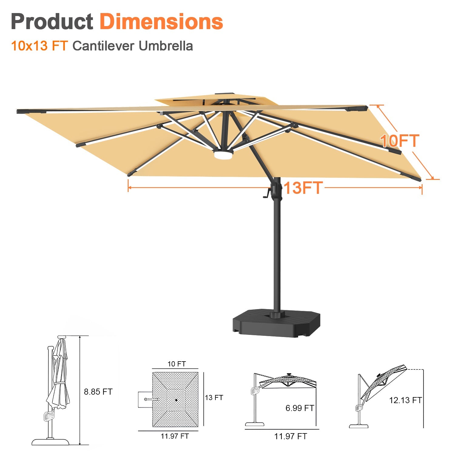 Sunvanta Auron Premium Cantilever Umbrella with Full-Rib LED Strip Lighting, Reinforced Fibreglass Ribs and Powder-Coated Aluminium Pole for Luxury Patio & Garden Shade