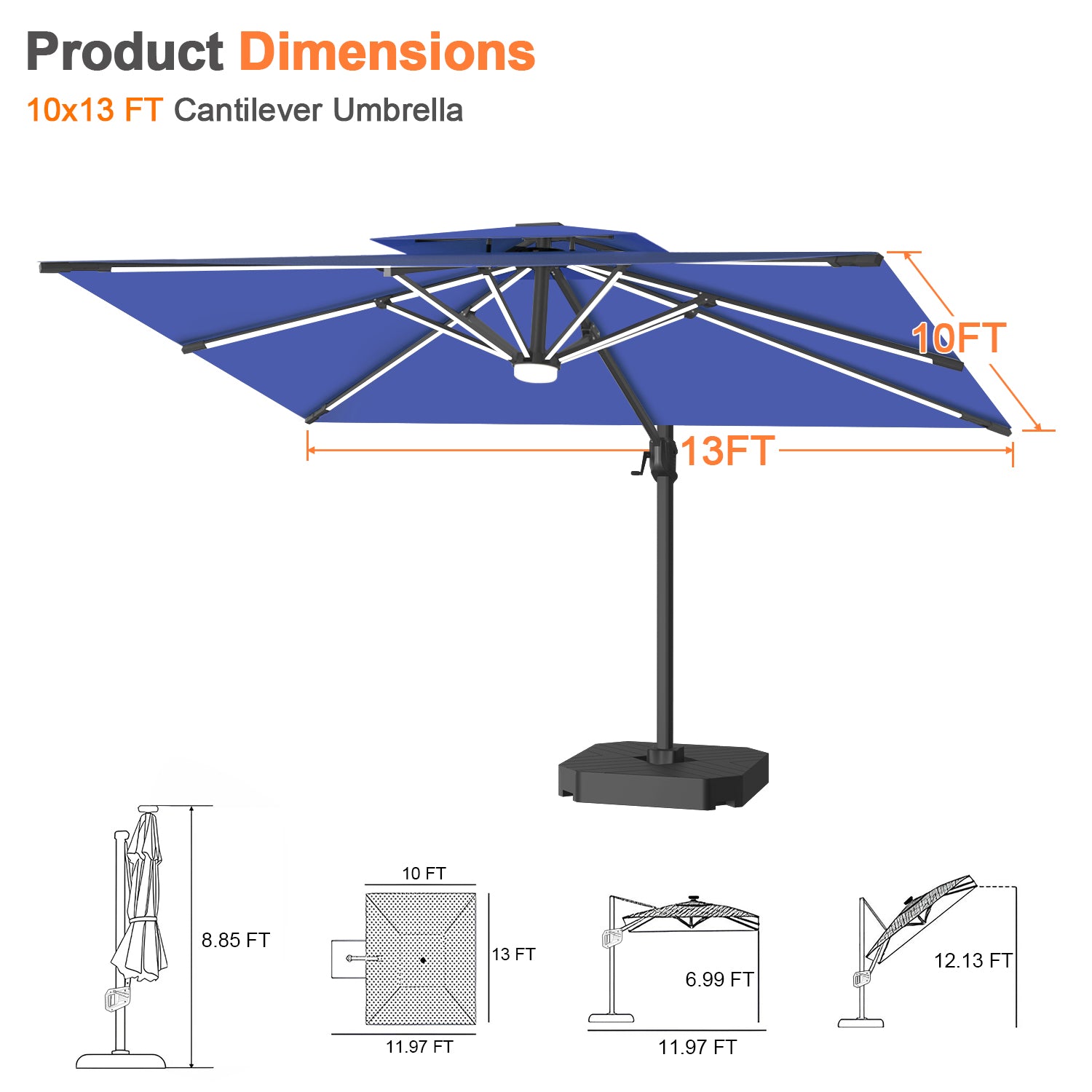 Sunvanta Auron Premium Cantilever Umbrella with Full-Rib LED Strip Lighting, Reinforced Fibreglass Ribs and Powder-Coated Aluminium Pole for Luxury Patio & Garden Shade
