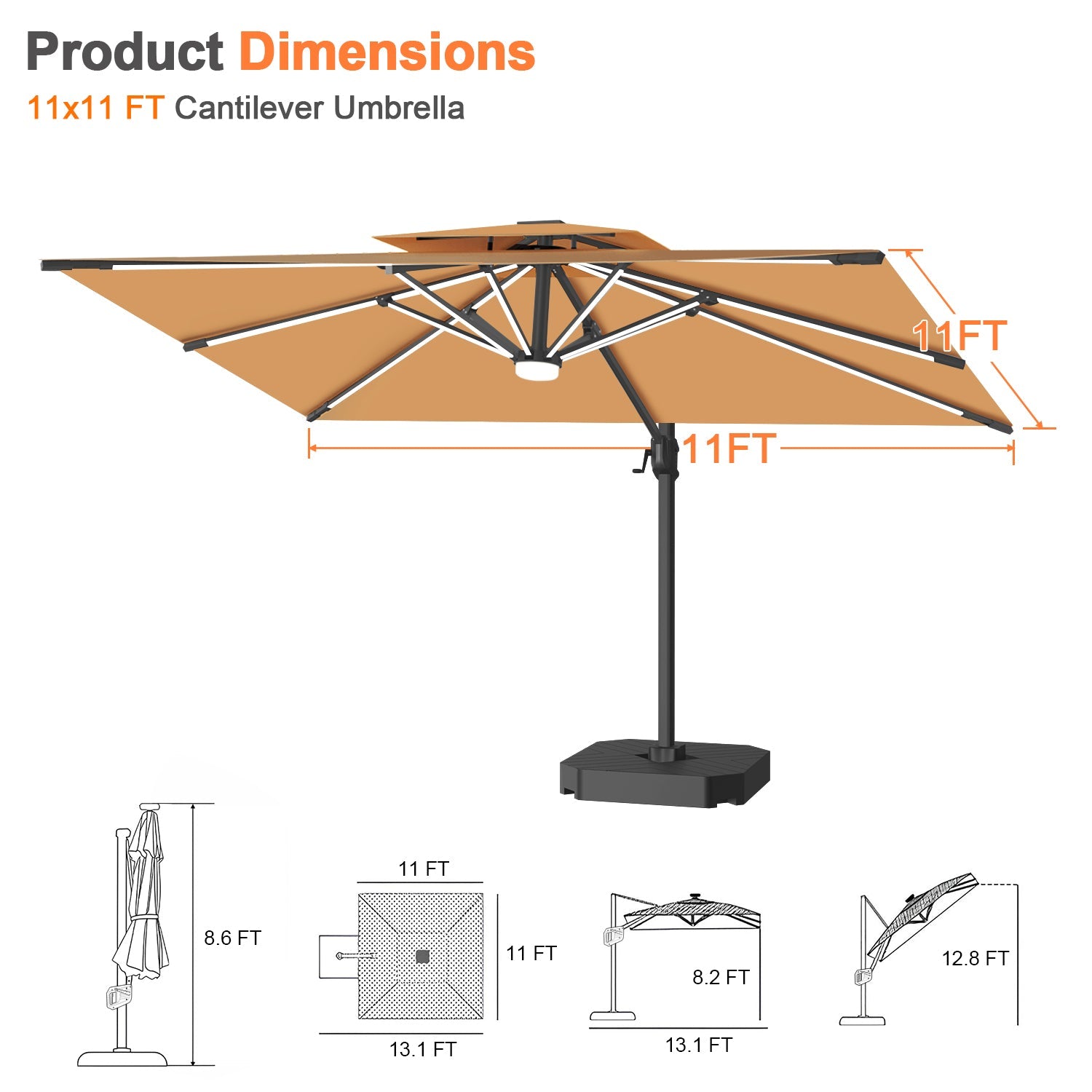Sunvanta Auron Premium Cantilever Umbrella with Full-Rib LED Strip Lighting, Reinforced Fibreglass Ribs and Powder-Coated Aluminium Pole for Luxury Patio & Garden Shade