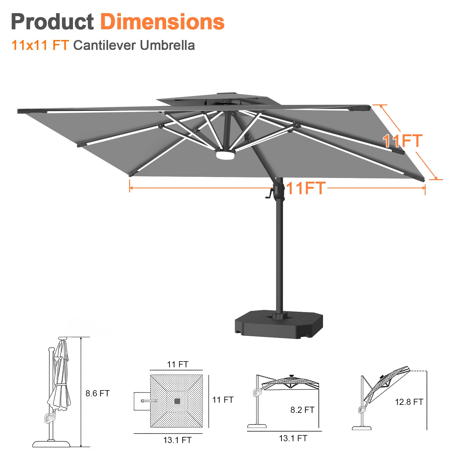 Sunvanta Auron Premium Cantilever Umbrella with Full-Rib LED Strip Lighting, Reinforced Fibreglass Ribs and Powder-Coated Aluminium Pole for Luxury Patio & Garden Shade