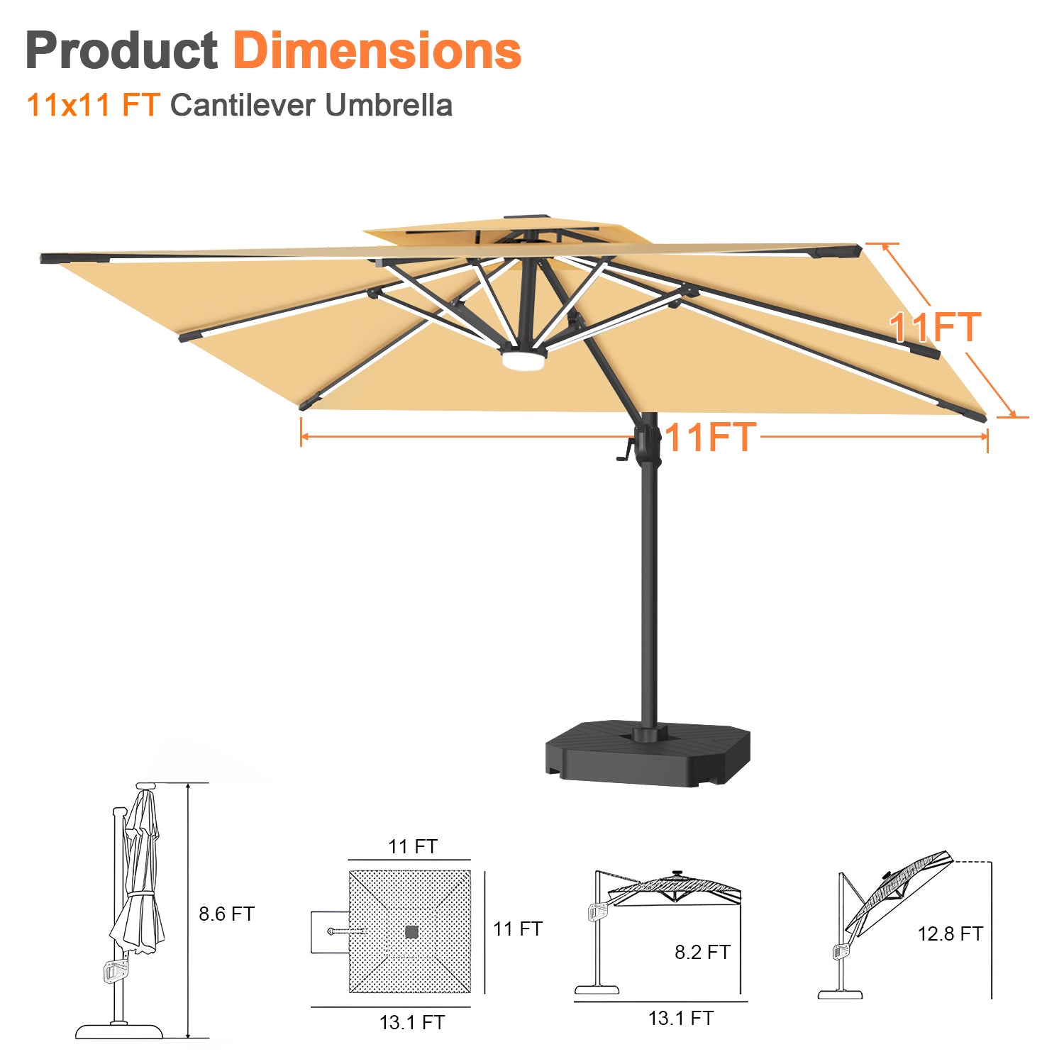 Sunvanta Auron Premium Cantilever Umbrella with Full-Rib LED Strip Lighting, Reinforced Fibreglass Ribs and Powder-Coated Aluminium Pole for Luxury Patio & Garden Shade