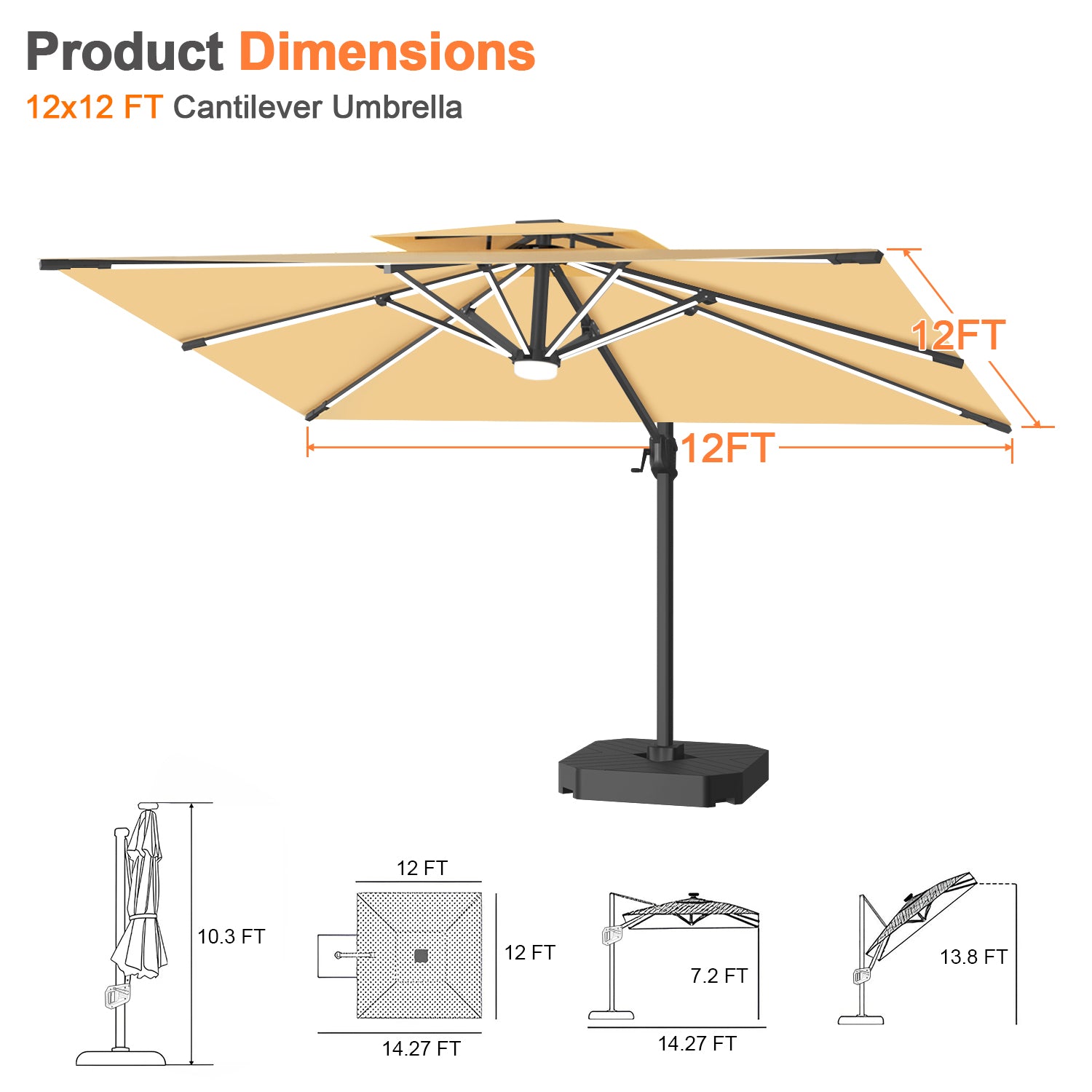 Sunvanta Auron Premium Cantilever Umbrella with Full-Rib LED Strip Lighting, Reinforced Fibreglass Ribs and Powder-Coated Aluminium Pole for Luxury Patio & Garden Shade