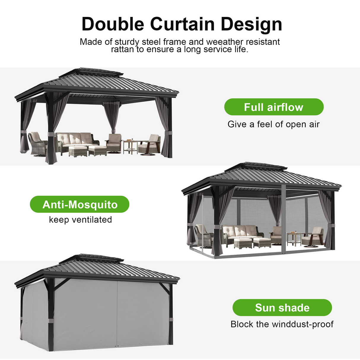 Sunvanta Haven Luxury Hardtop Gazebo with 120mm × 120mm Reinforced Aluminium Posts, Integrated Gutter System, Curtains & Netting for Patio & Alfresco Use
