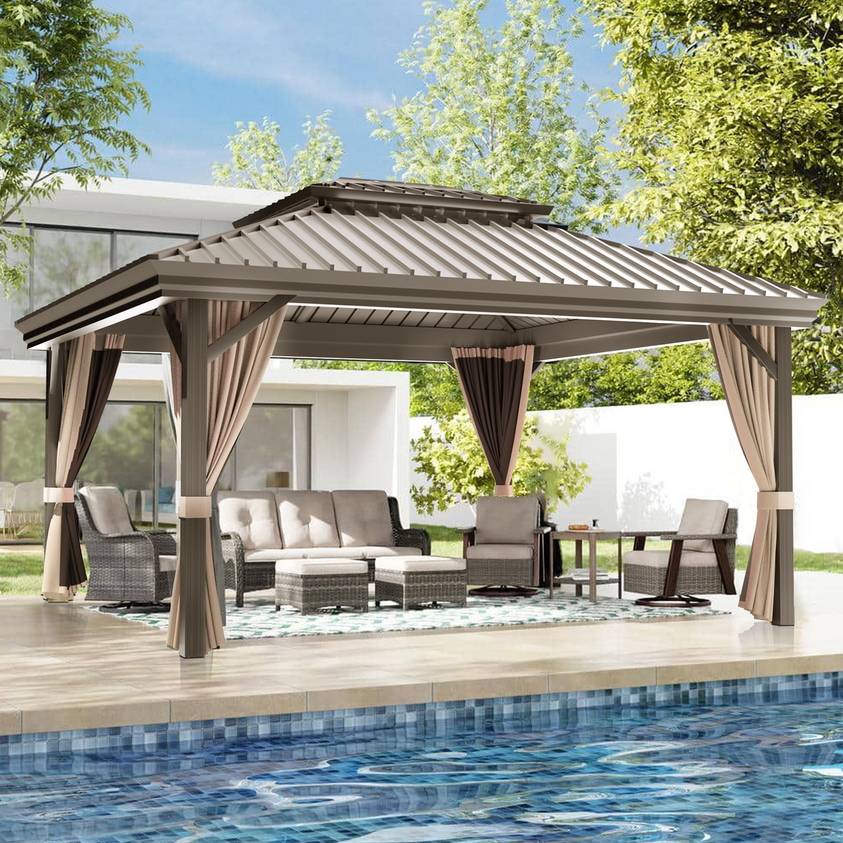 Sunvanta Haven Luxury Hardtop Gazebo with 120mm × 120mm Reinforced Aluminium Posts, Integrated Gutter System, Curtains & Netting for Patio & Alfresco Use
