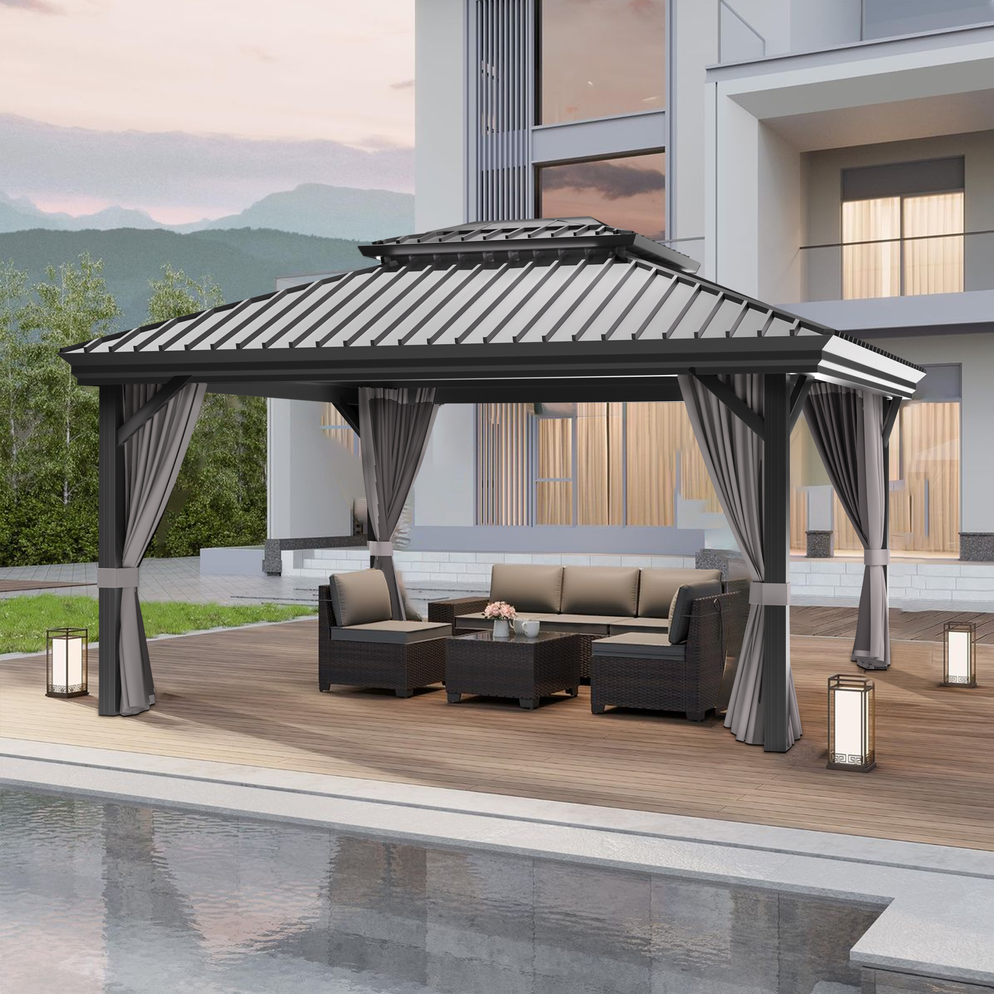 Sunvanta Haven Luxury Hardtop Gazebo with 120mm × 120mm Reinforced Aluminium Posts, Integrated Gutter System, Curtains & Netting for Patio & Alfresco Use