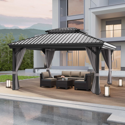 Sunvanta Haven™ 3m × 4.3m Grey Hardtop Gazebo – Aluminium Outdoor Shelter with Ventilated Roof & Curtains