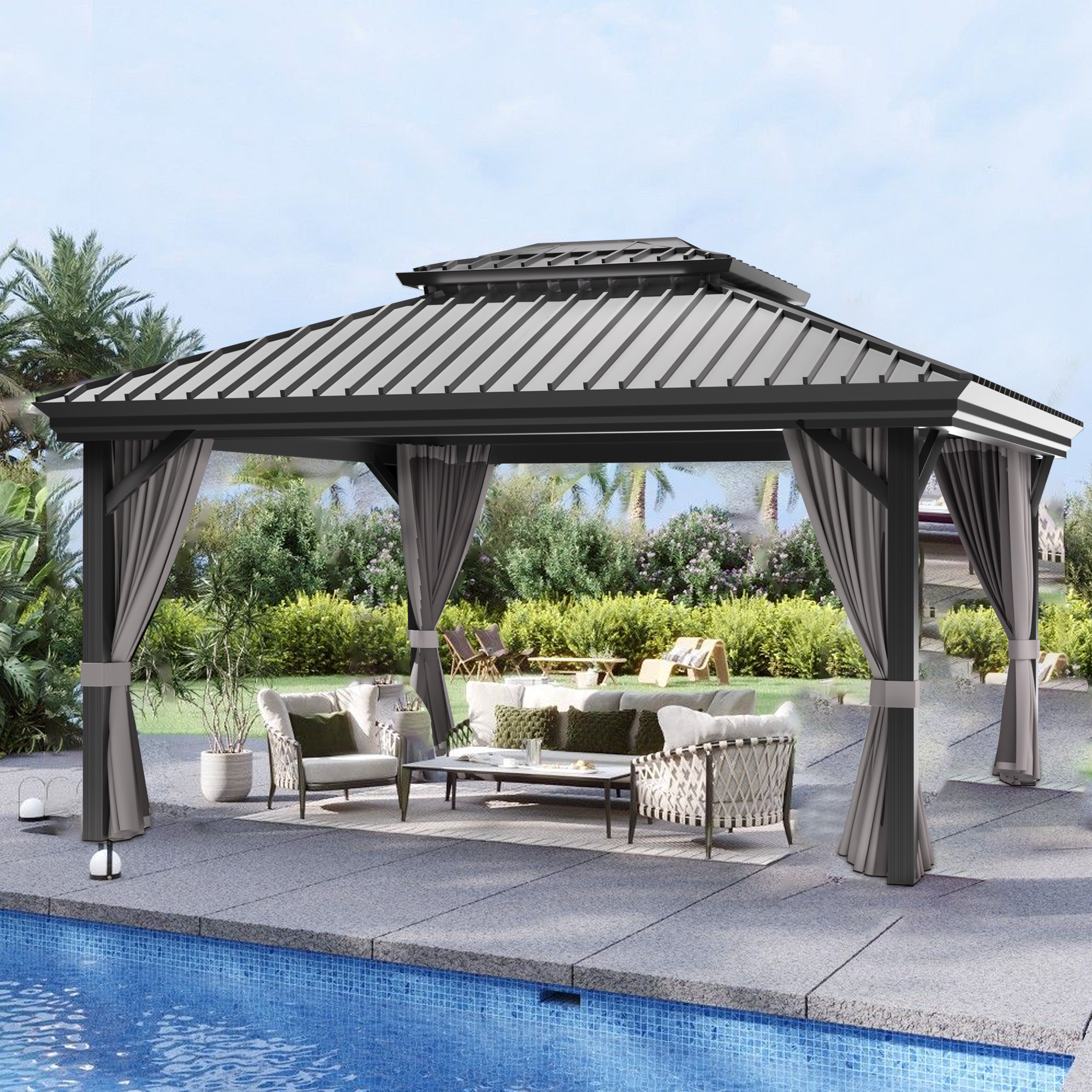 Sunvanta Haven Luxury Hardtop Gazebo with 120mm × 120mm Reinforced Aluminium Posts, Integrated Gutter System, Curtains & Netting for Patio & Alfresco Use