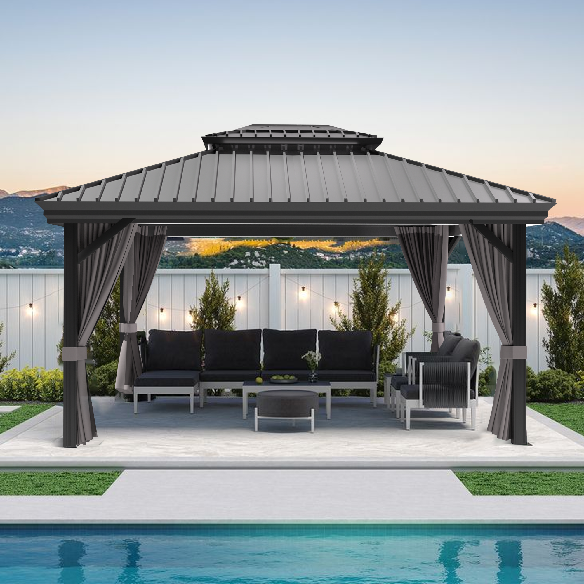 Sunvanta Haven Luxury Hardtop Gazebo with 120mm × 120mm Reinforced Aluminium Posts, Integrated Gutter System, Curtains & Netting for Patio & Alfresco Use