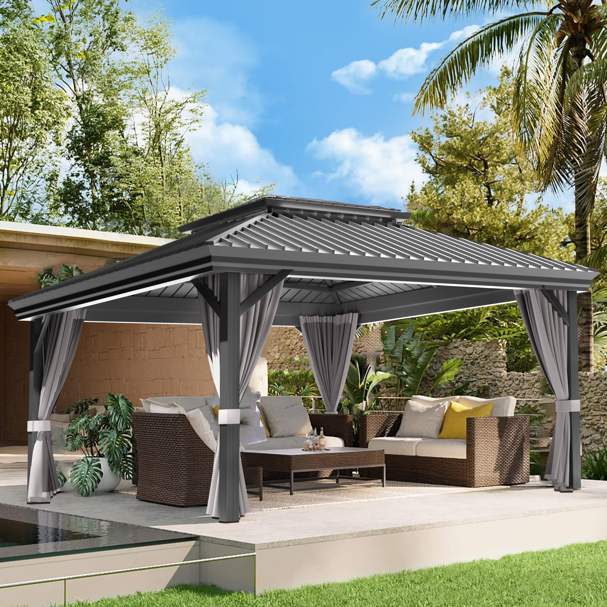 Sunvanta Haven Luxury Hardtop Gazebo with 120mm × 120mm Reinforced Aluminium Posts, Integrated Gutter System, Curtains & Netting for Patio & Alfresco Use