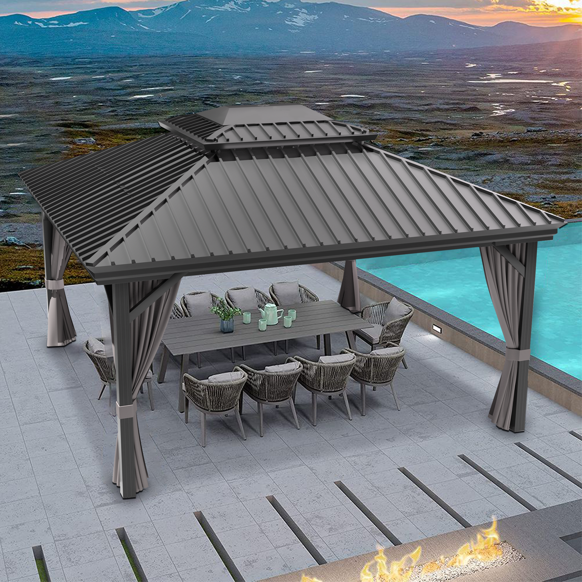 Sunvanta Haven Luxury Hardtop Gazebo with 120mm × 120mm Reinforced Aluminium Posts, Integrated Gutter System, Curtains & Netting for Patio & Alfresco Use