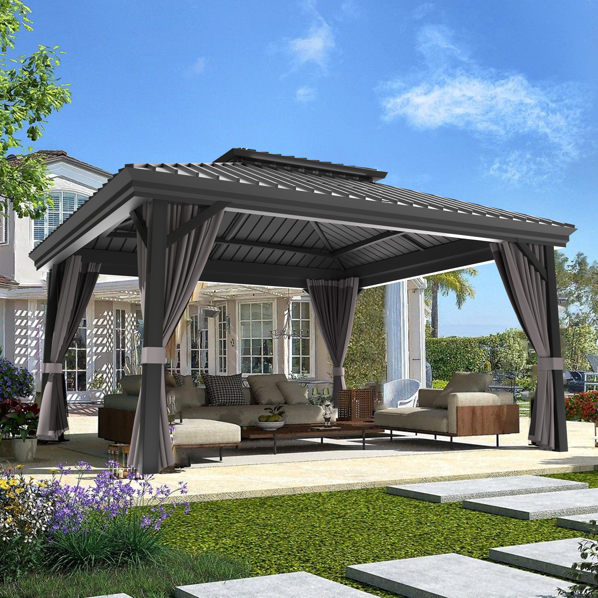 Sunvanta Haven Luxury Hardtop Gazebo with 120mm × 120mm Reinforced Aluminium Posts, Integrated Gutter System, Curtains & Netting for Patio & Alfresco Use