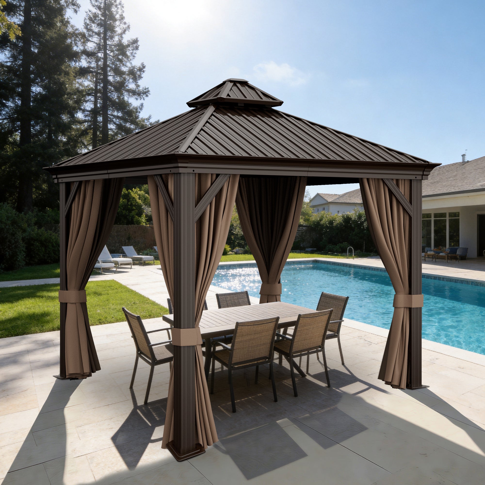Sunvanta Haven Luxury Hardtop Gazebo with 120mm × 120mm Reinforced Aluminium Posts, Integrated Gutter System, Curtains & Netting for Patio & Alfresco Use