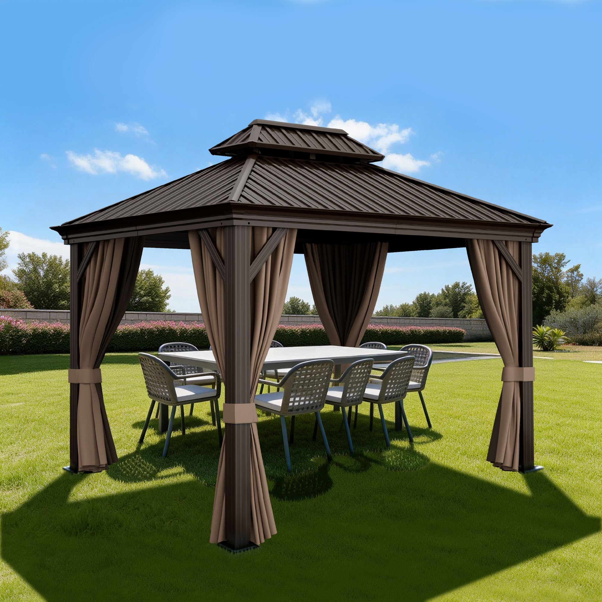 Sunvanta Haven Luxury Hardtop Gazebo with 120mm × 120mm Reinforced Aluminium Posts, Integrated Gutter System, Curtains & Netting for Patio & Alfresco Use