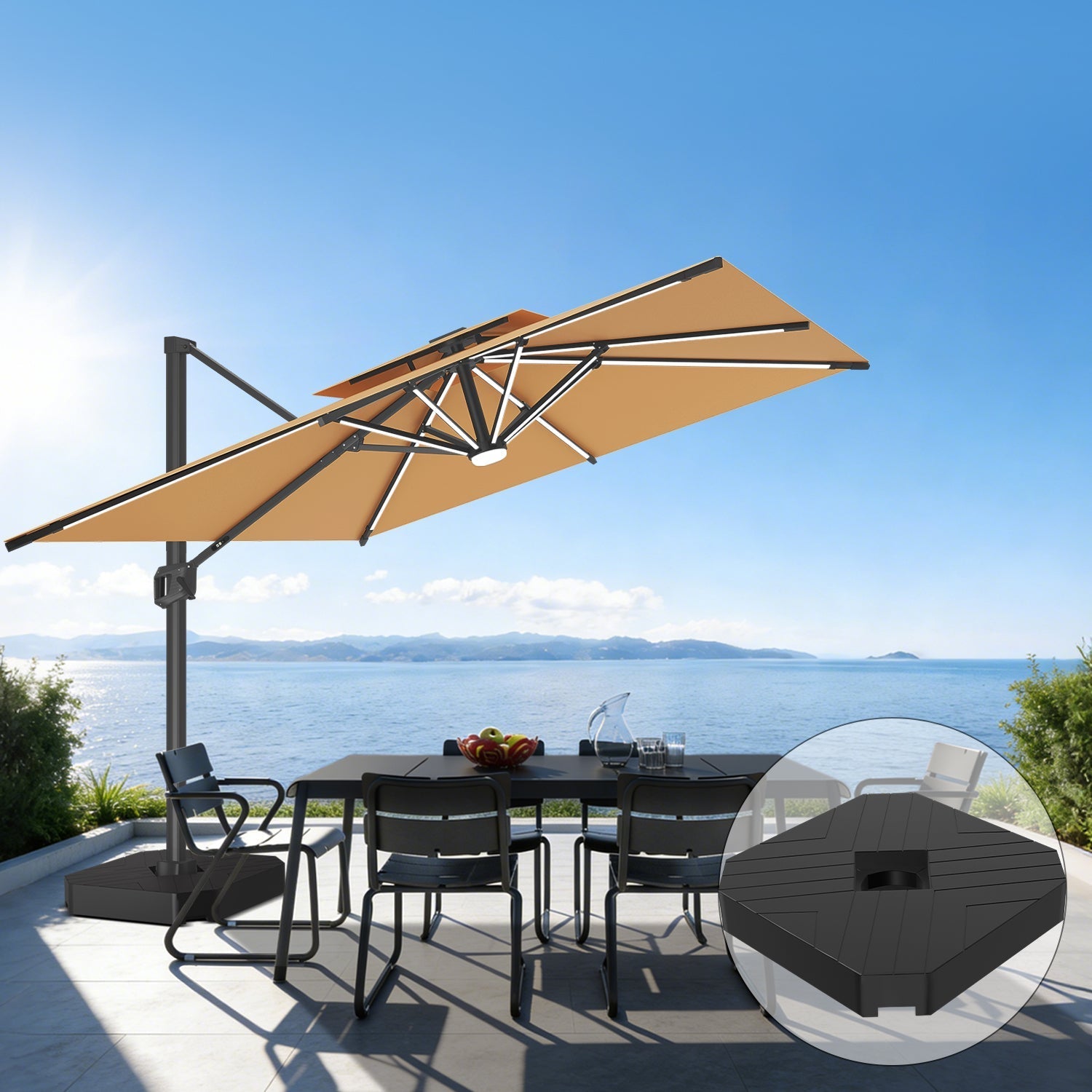 Sunvanta Auron Premium Cantilever Umbrella with Full-Rib LED Strip Lighting, Reinforced Fibreglass Ribs and Powder-Coated Aluminium Pole for Luxury Patio & Garden Shade