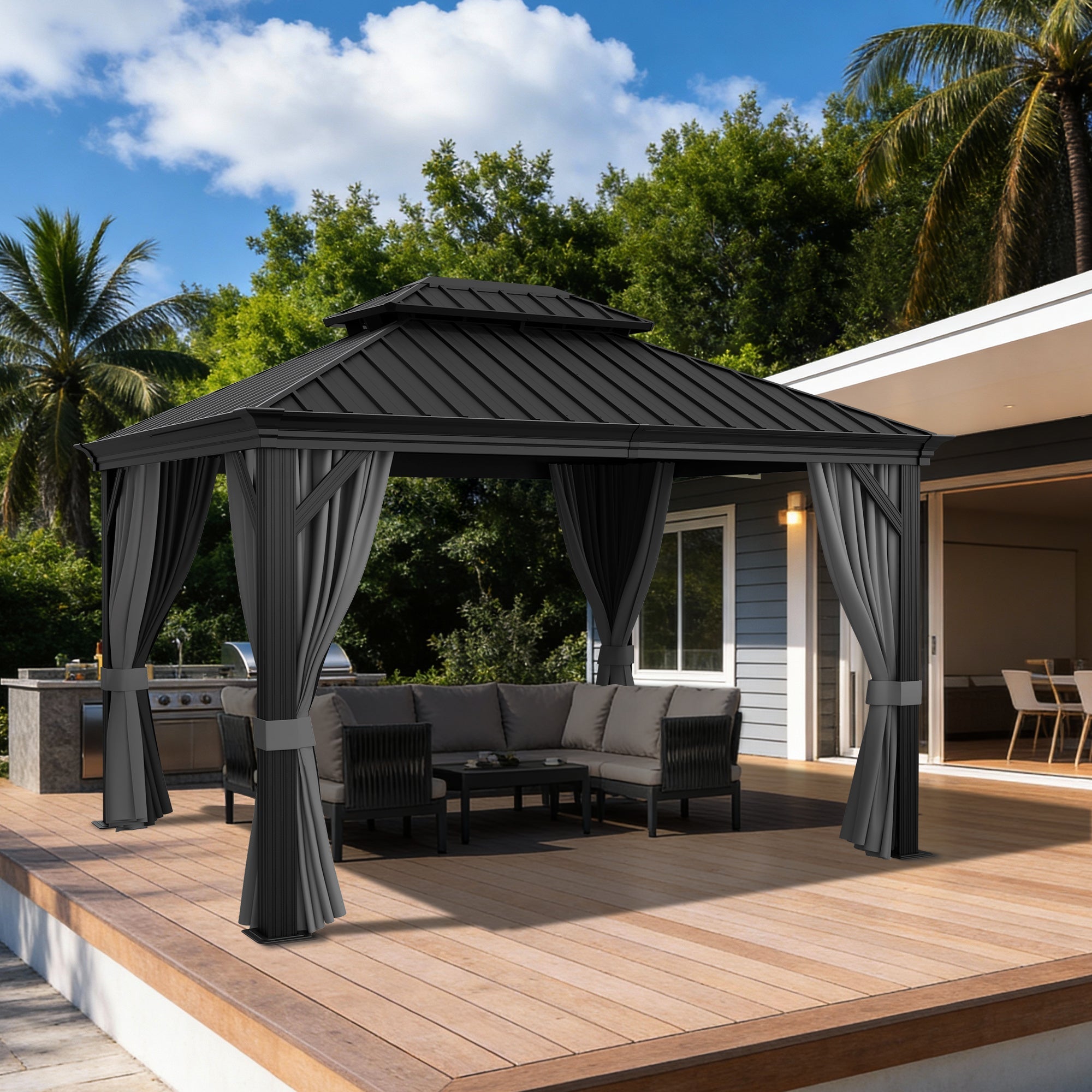 Sunvanta Haven Luxury Hardtop Gazebo with 120mm × 120mm Reinforced Aluminium Posts, Integrated Gutter System, Curtains & Netting for Patio & Alfresco Use