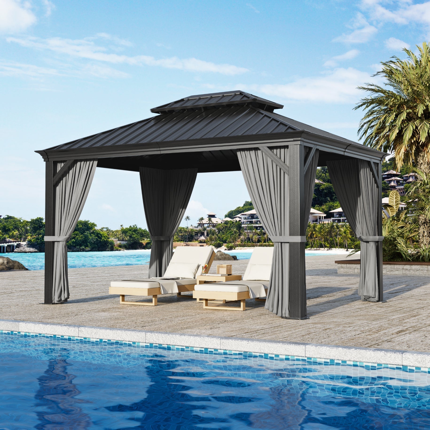 Sunvanta Haven Luxury Hardtop Gazebo with 120mm × 120mm Reinforced Aluminium Posts, Integrated Gutter System, Curtains & Netting for Patio & Alfresco Use