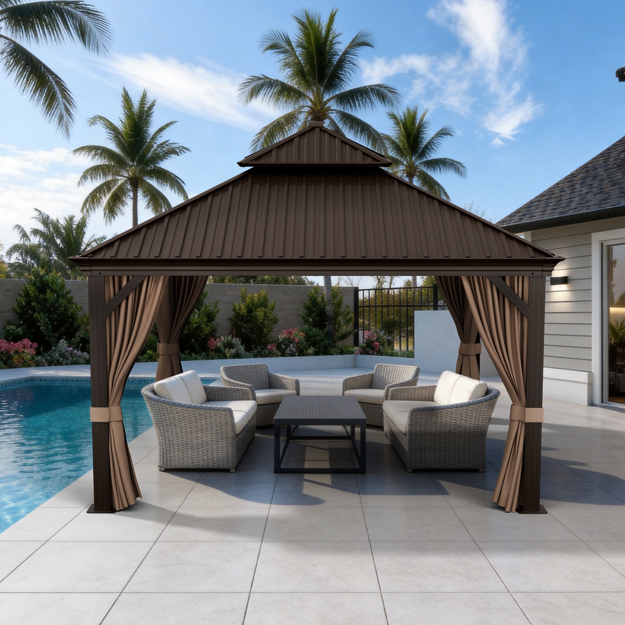 Sunvanta Haven Luxury Hardtop Gazebo with 120mm × 120mm Reinforced Aluminium Posts, Integrated Gutter System, Curtains & Netting for Patio & Alfresco Use