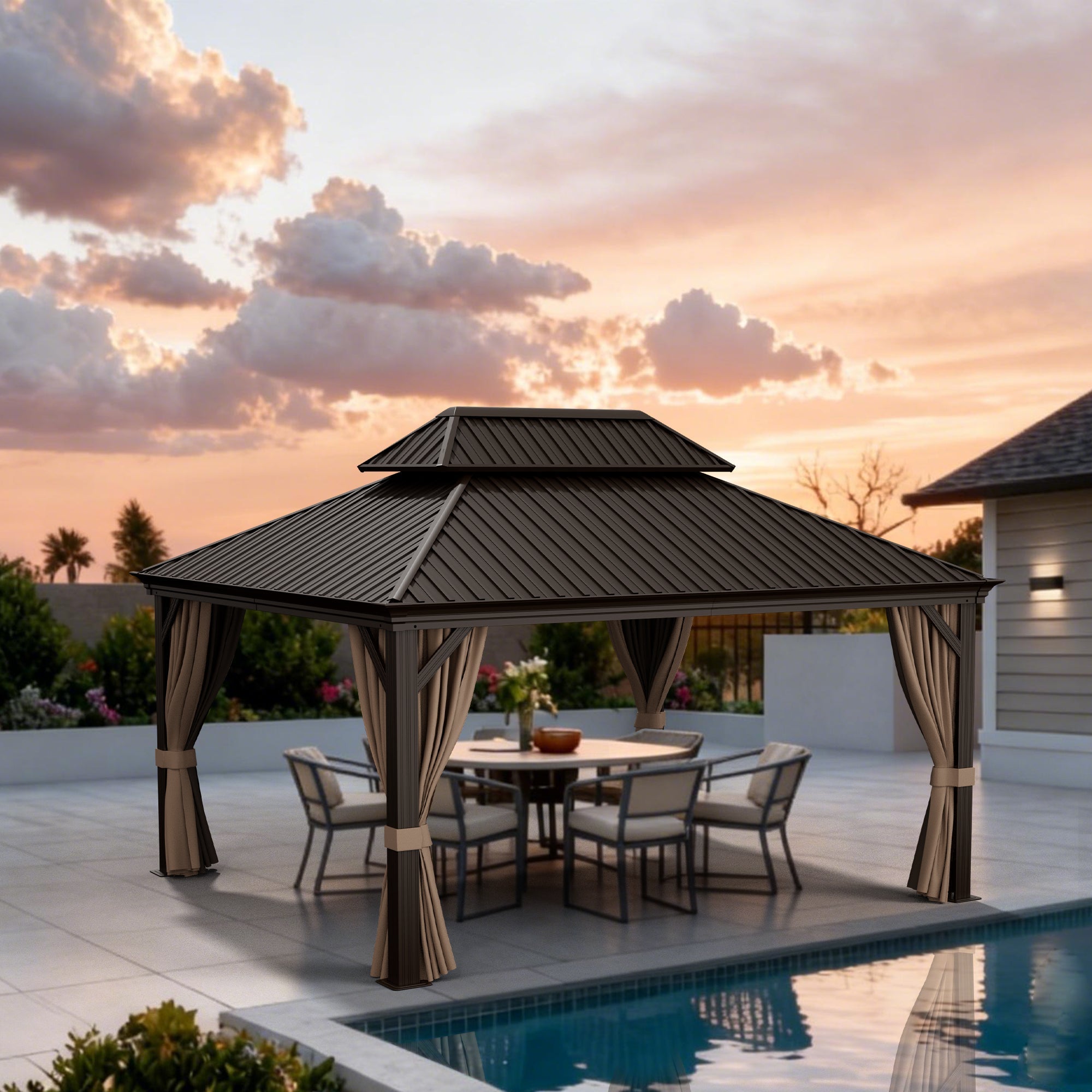 Sunvanta Haven Luxury Hardtop Gazebo with 120mm × 120mm Reinforced Aluminium Posts, Integrated Gutter System, Curtains & Netting for Patio & Alfresco Use