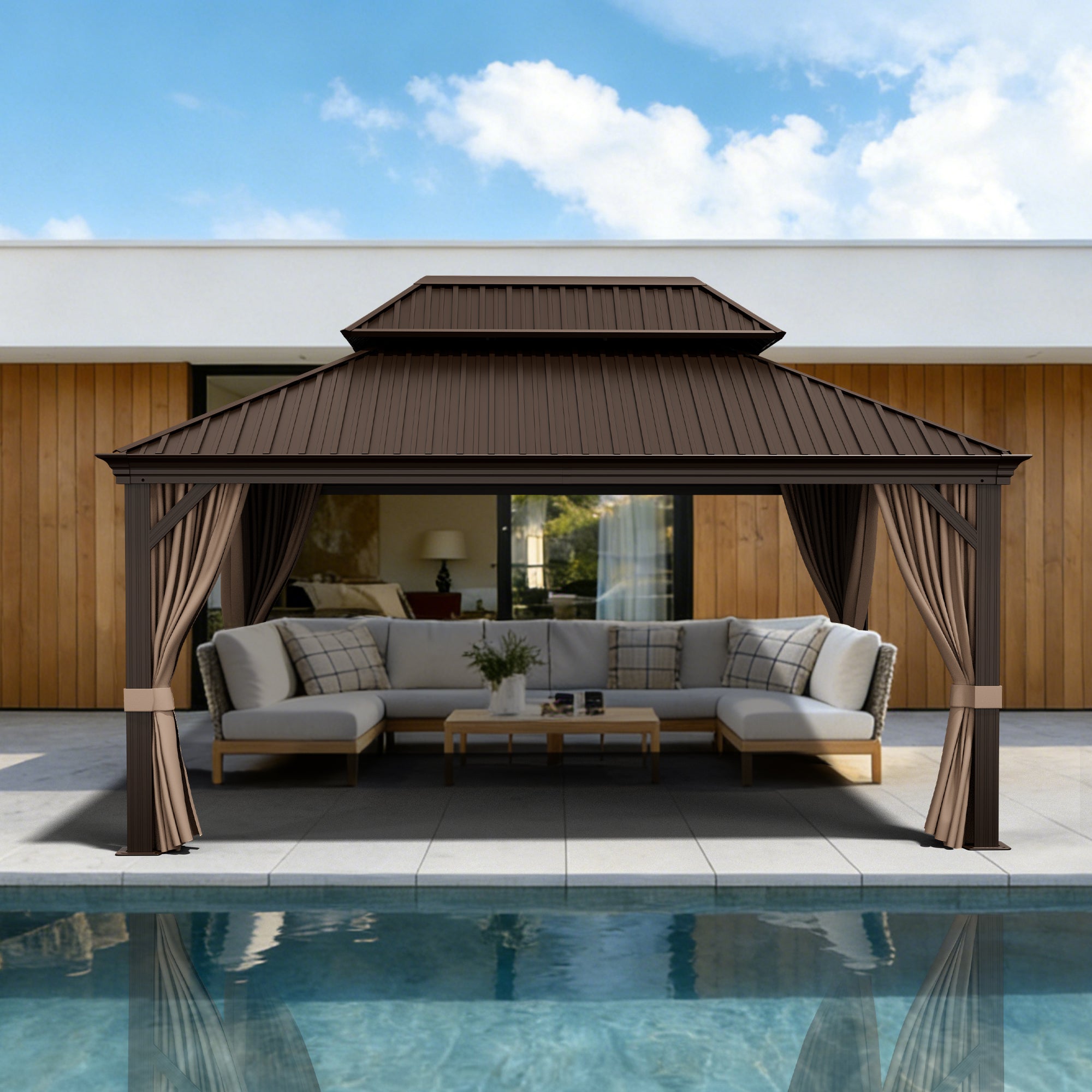 Sunvanta Haven Luxury Hardtop Gazebo with 120mm × 120mm Reinforced Aluminium Posts, Integrated Gutter System, Curtains & Netting for Patio & Alfresco Use