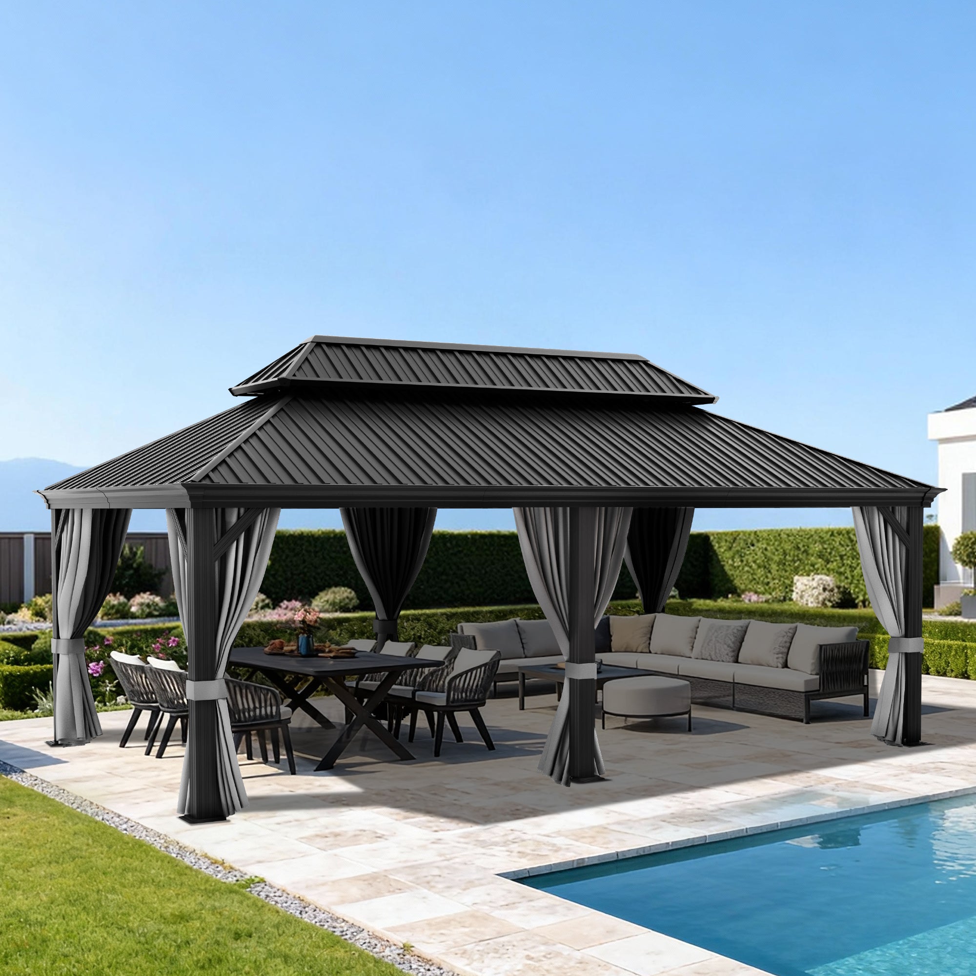Sunvanta Haven Luxury Hardtop Gazebo with 120mm × 120mm Reinforced Aluminium Posts, Integrated Gutter System, Curtains & Netting for Patio & Alfresco Use