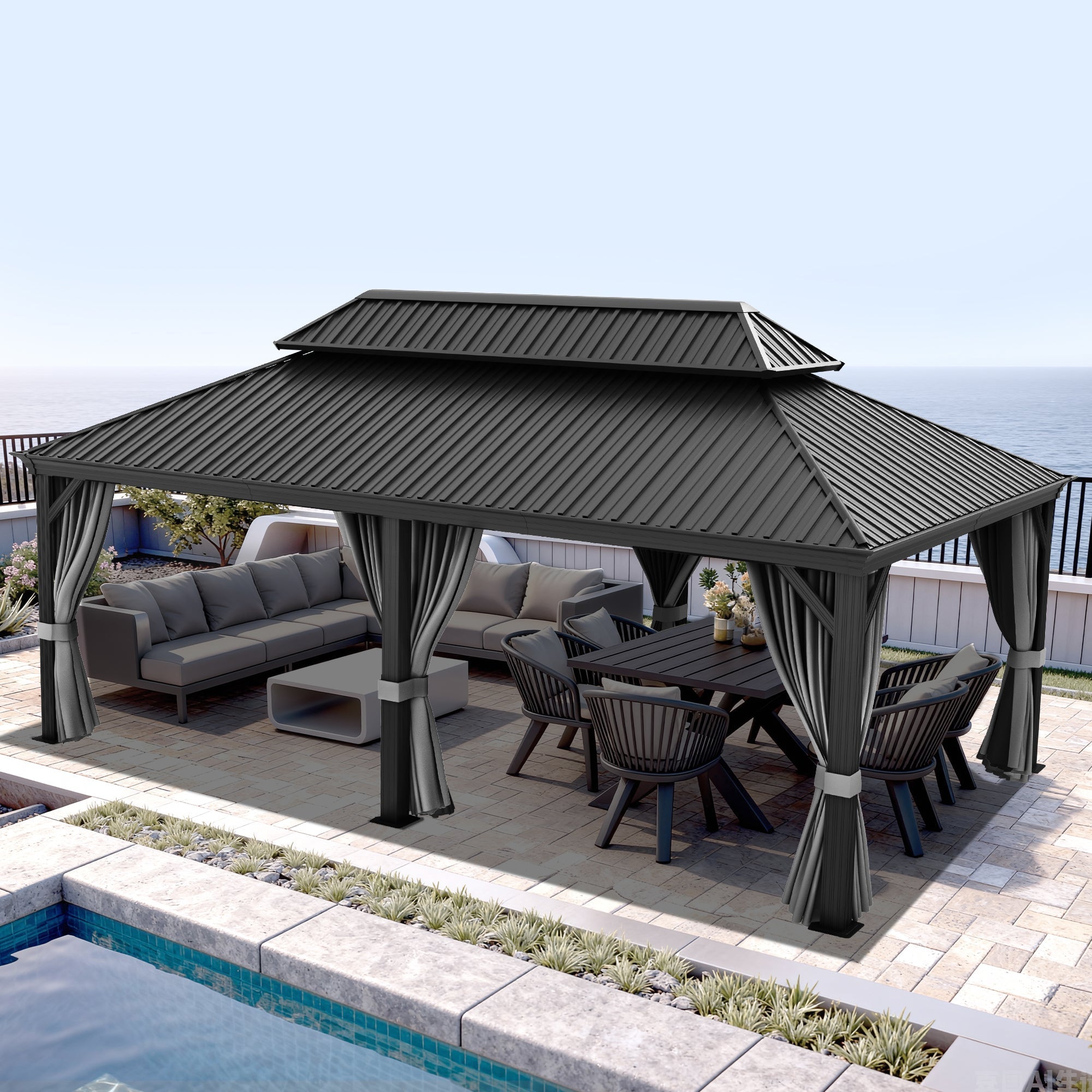 Sunvanta Haven Luxury Hardtop Gazebo with 120mm × 120mm Reinforced Aluminium Posts, Integrated Gutter System, Curtains & Netting for Patio & Alfresco Use