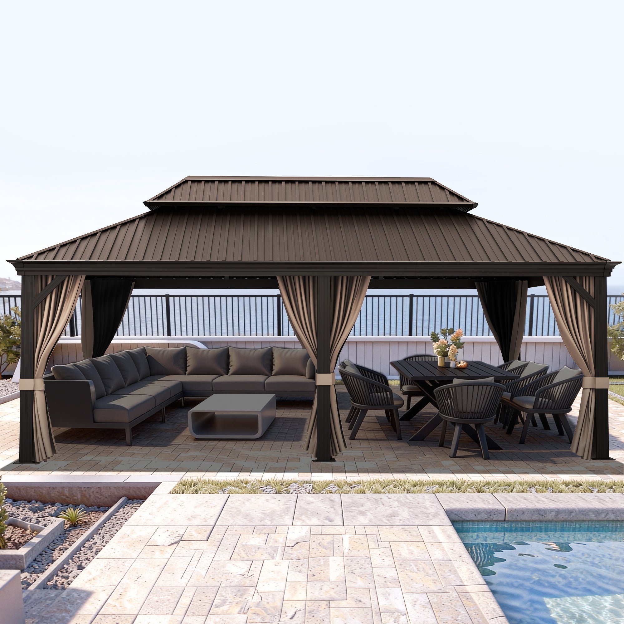 Sunvanta Haven Luxury Hardtop Gazebo with 120mm × 120mm Reinforced Aluminium Posts, Integrated Gutter System, Curtains & Netting for Patio & Alfresco Use