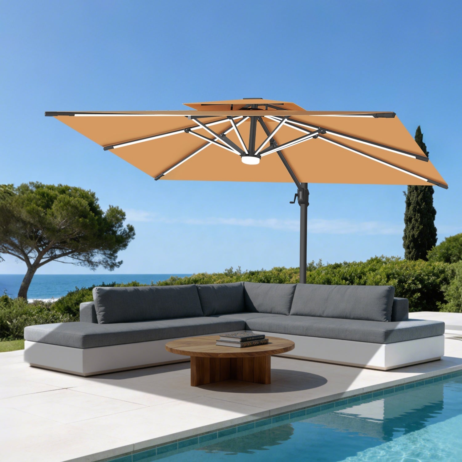 Sunvanta Auron Premium Cantilever Umbrella with Full-Rib LED Strip Lighting, Reinforced Fibreglass Ribs and Powder-Coated Aluminium Pole for Luxury Patio & Garden Shade