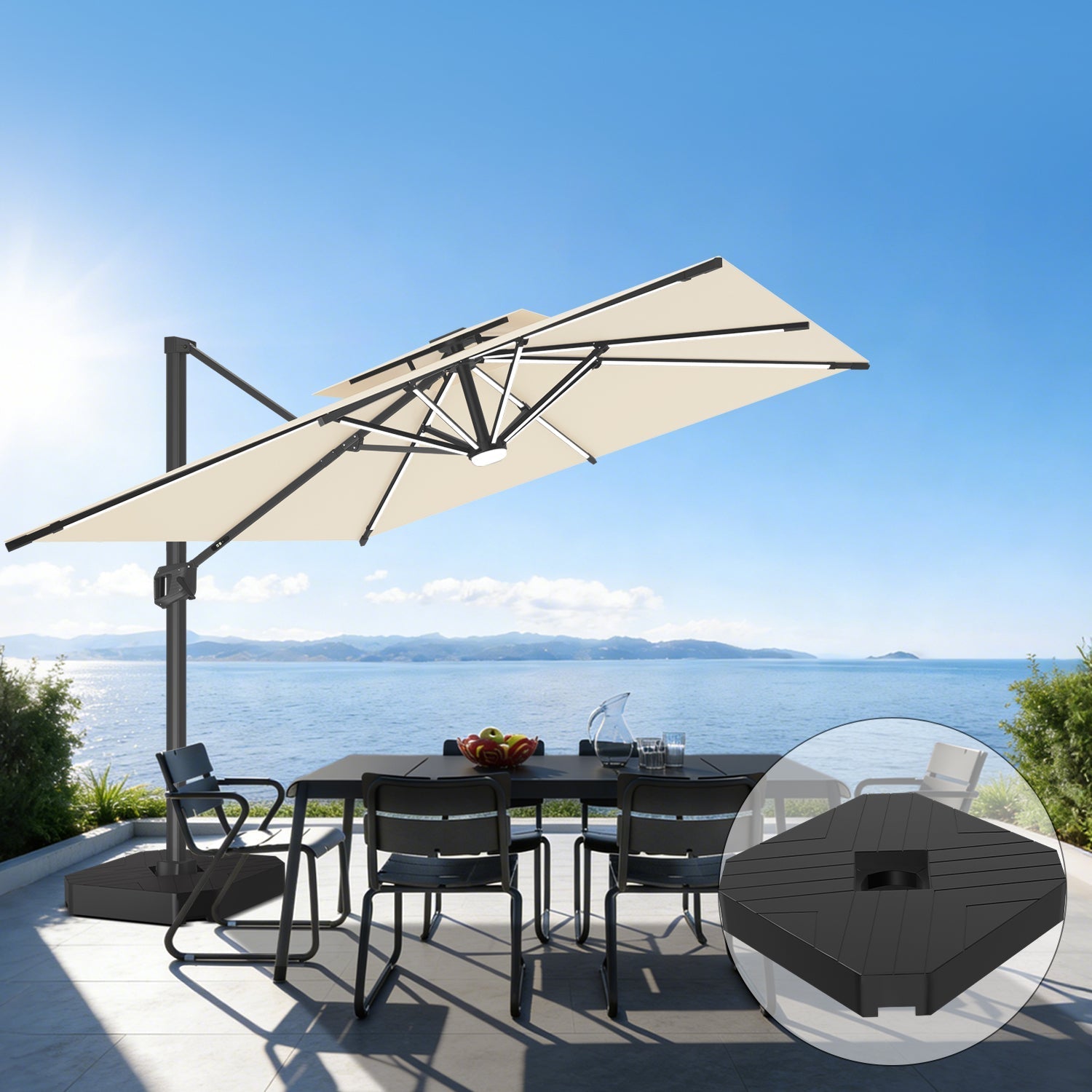 Sunvanta Auron Premium Cantilever Umbrella with Full-Rib LED Strip Lighting, Reinforced Fibreglass Ribs and Powder-Coated Aluminium Pole for Luxury Patio & Garden Shade